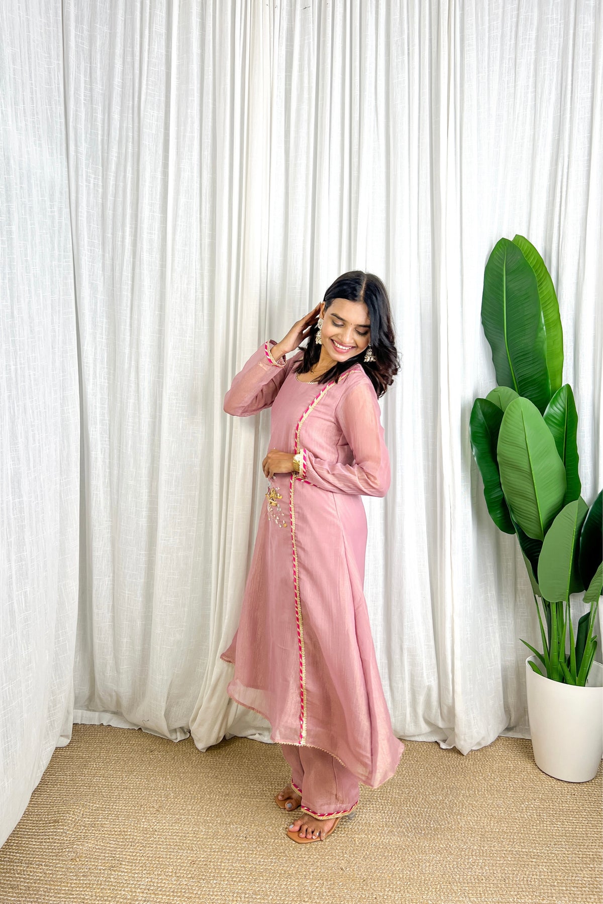Dusty Pink Handmade Designer Elephant & Palm Handwork Festive Kurta Set For Women