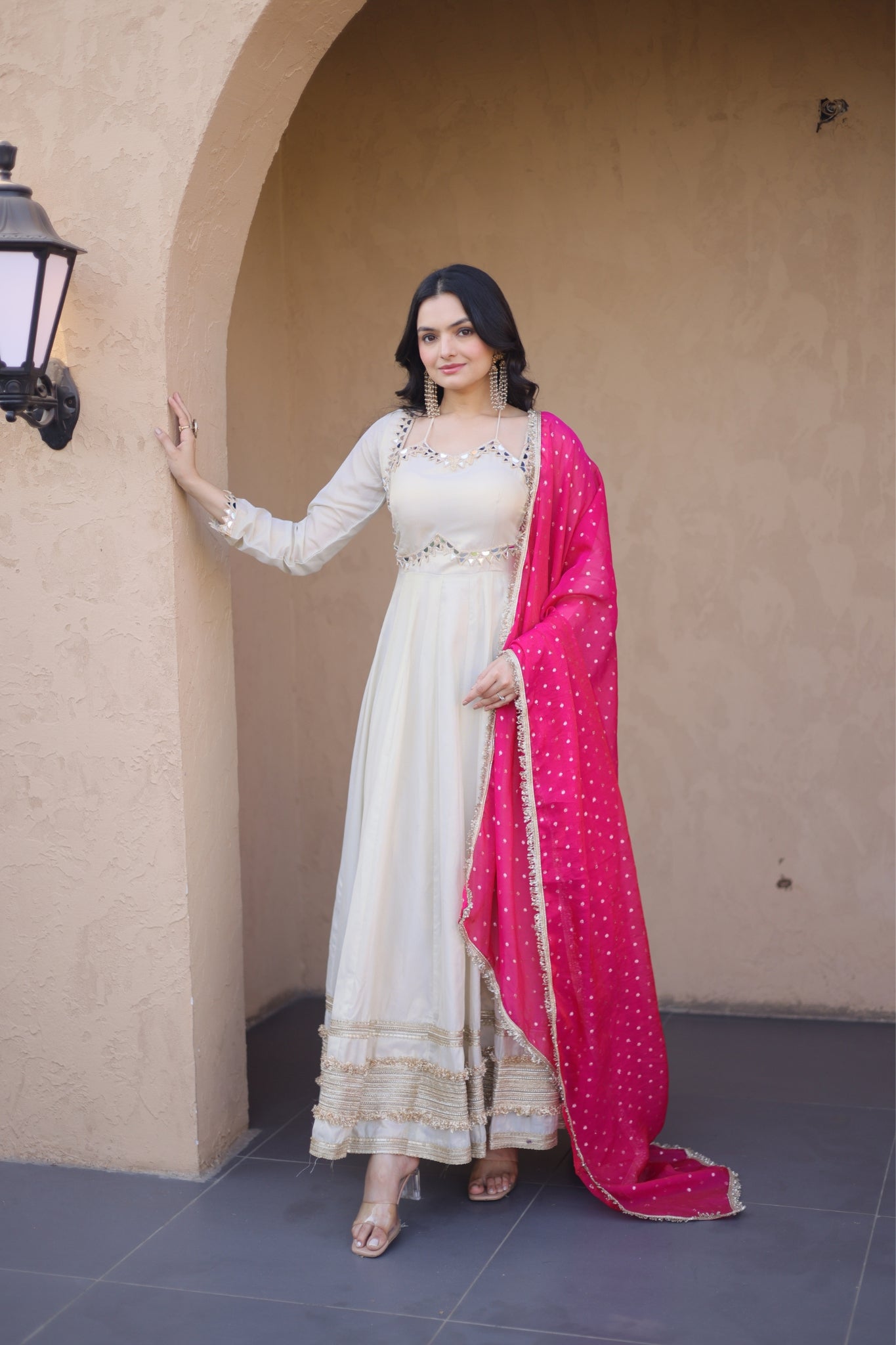 Cosmos Real Mirror Work Designer Embroidered Anarkali Gown With Dupatta