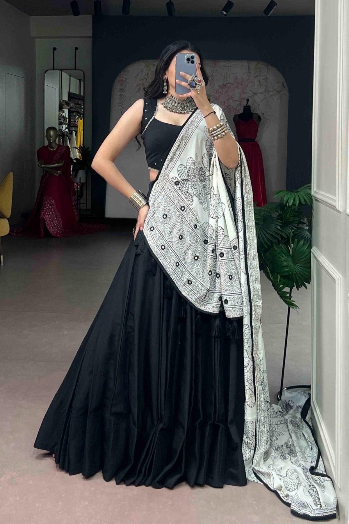Designer Satin Silk Lehenga Choli With Floral Printed mirror Work Detailing Dupatta