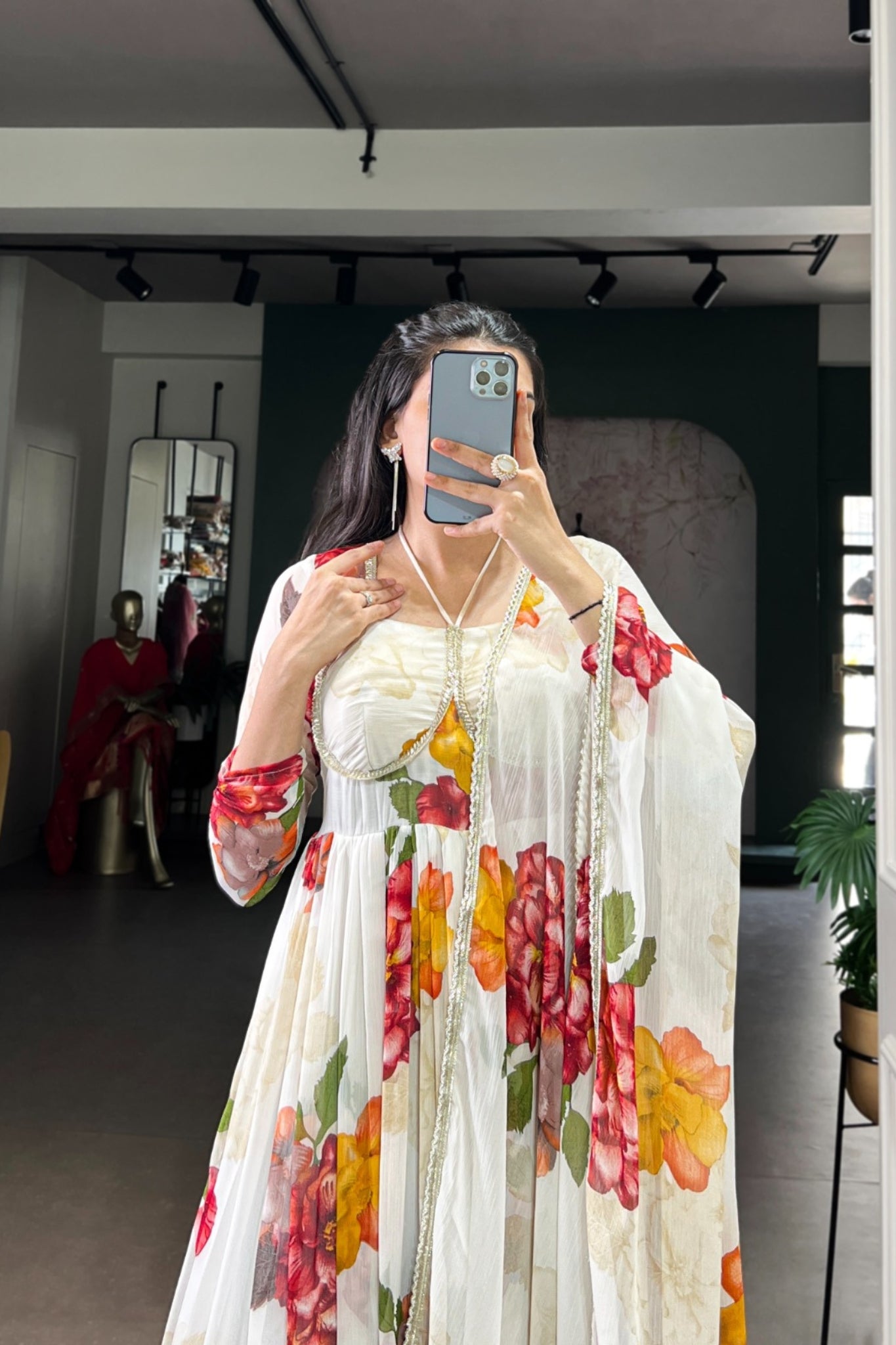 Premium Chiffon Floral Print Gown With Lace Detailing And Matching Dupatta