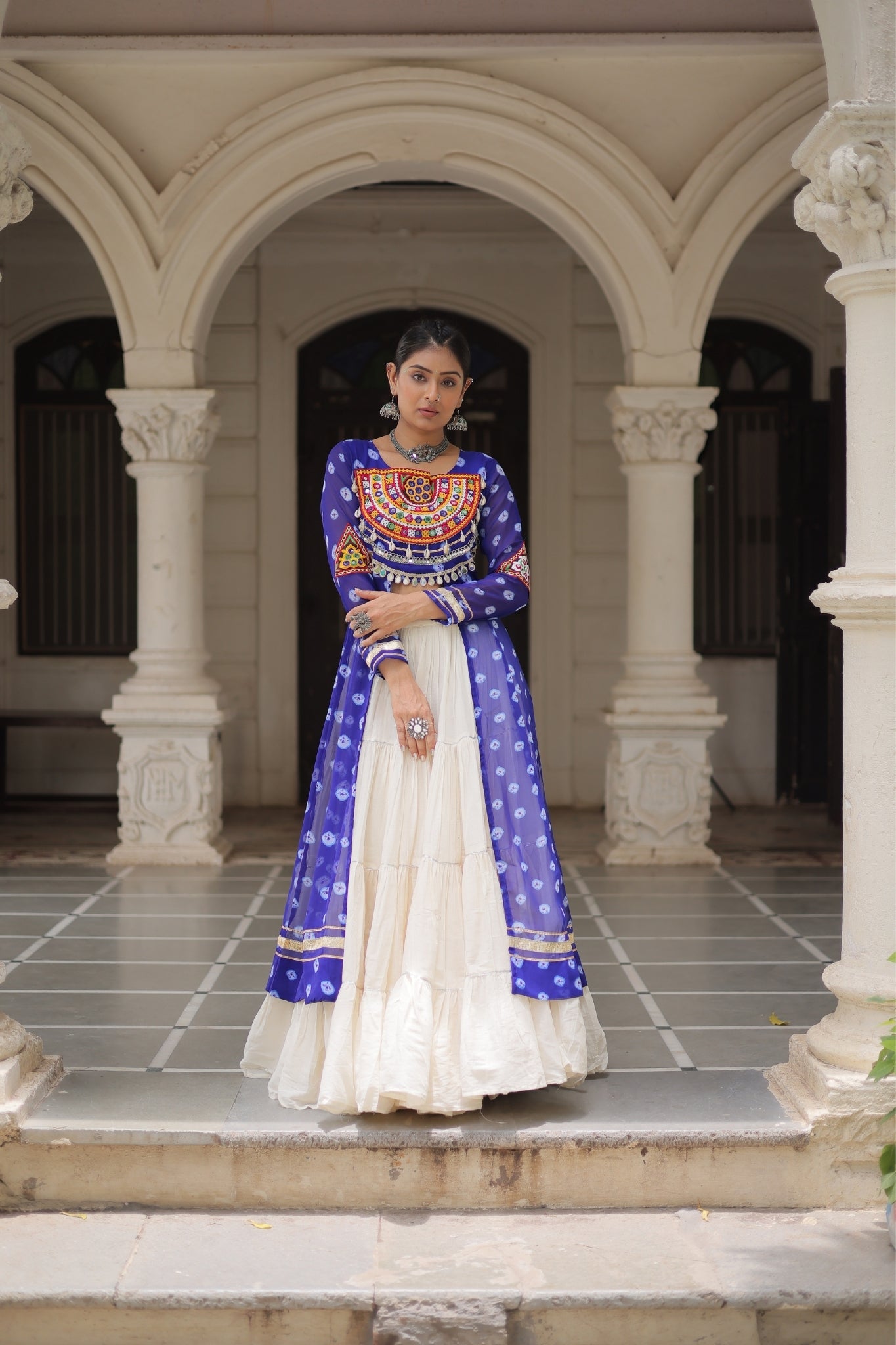 Kora Cotton Stylish Frill Stitching Beautiful Navratri Lehenga With Bandhani Printed Kurti