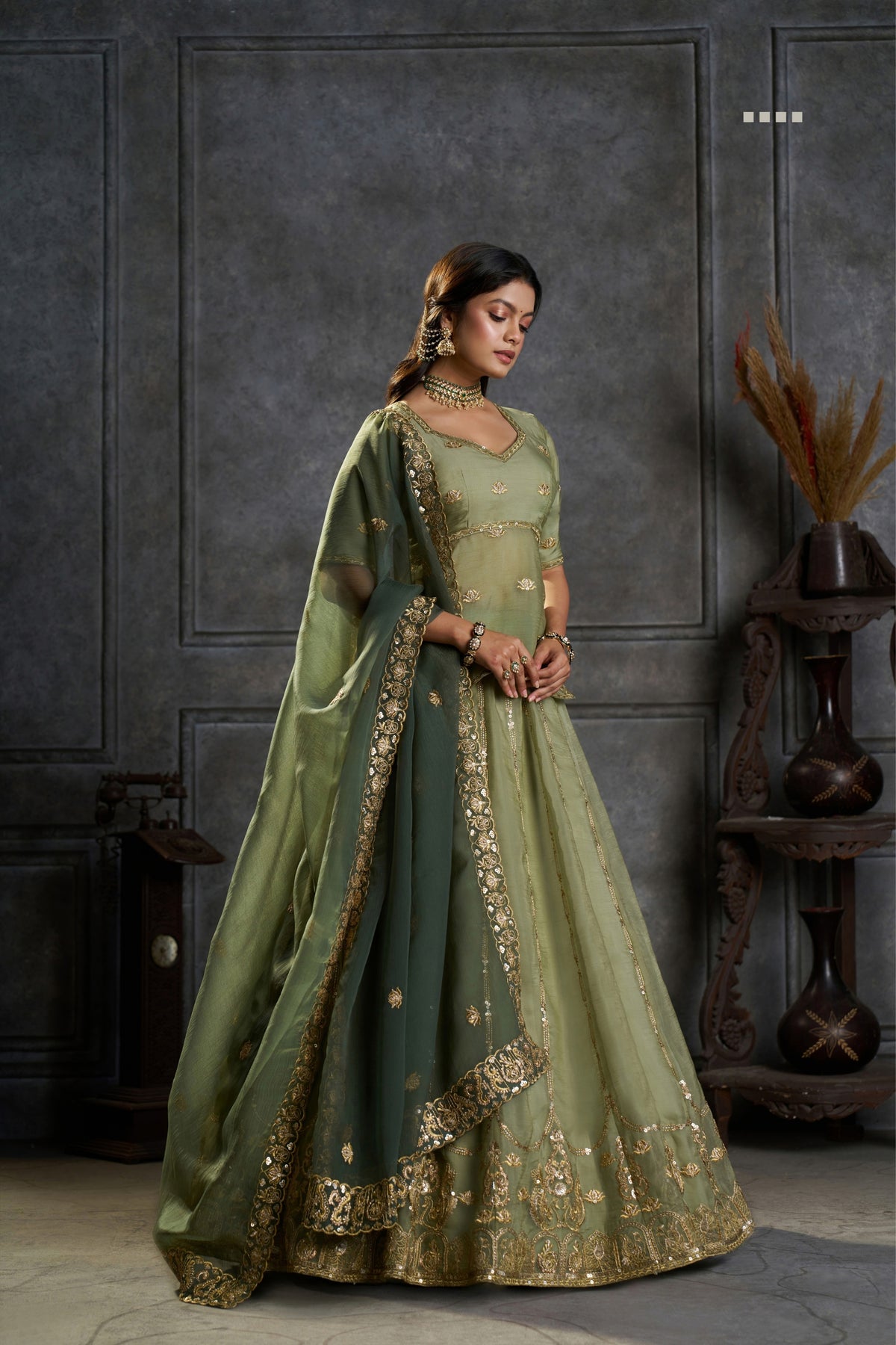 Pure Organza Embroidered Designer Sage Green Wedding & Festive Lehenga Choli With Sequin Work Dupatta