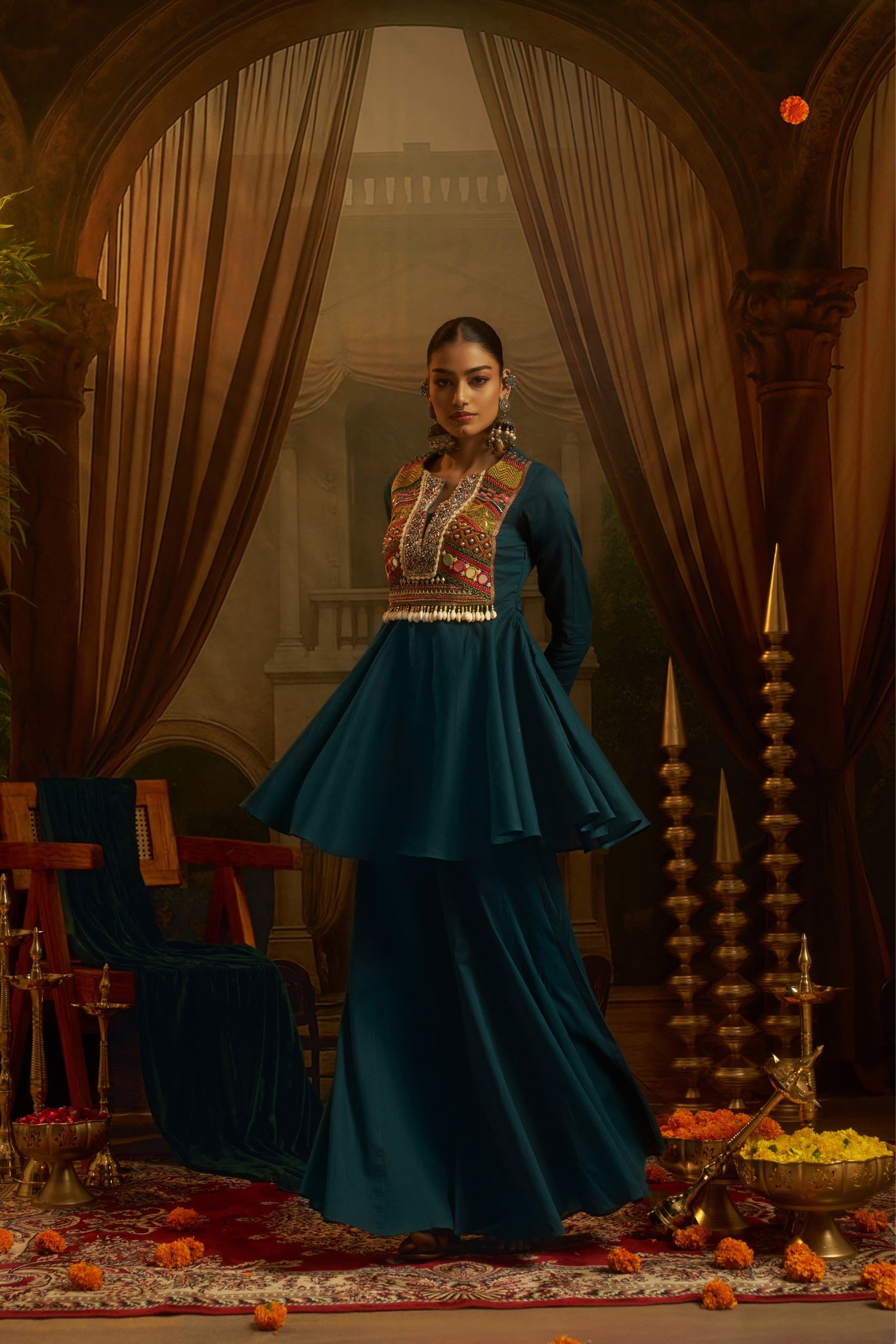 Teal Blue Hand Embroidered Peplum Sharara Set For Women