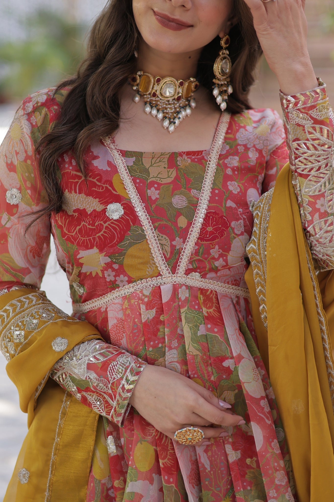 Designer Printed Gold Sequins Embroidered Work Anarkali Gown