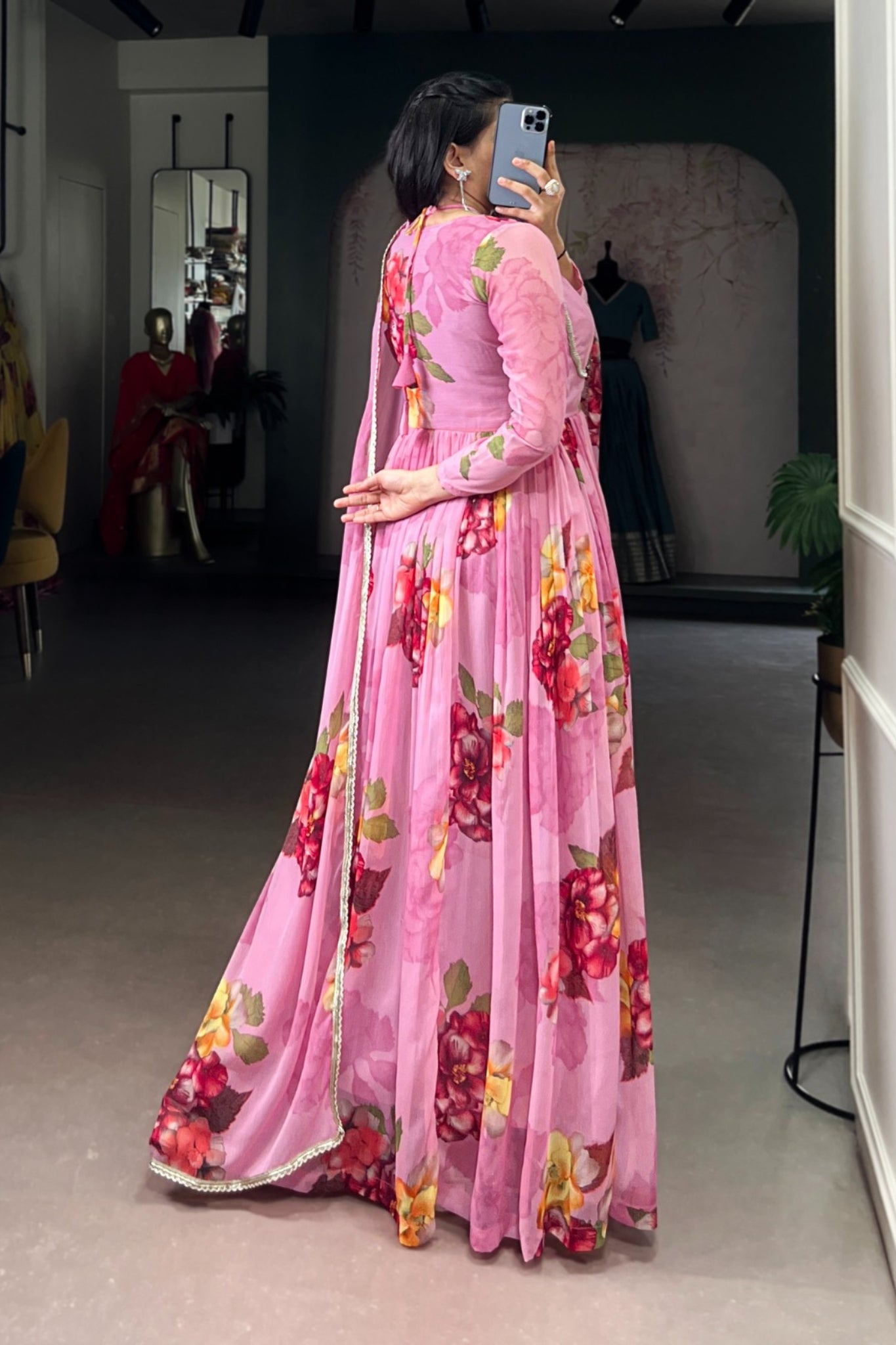 Premium Chiffon Floral Print Gown With Lace Detailing And Matching Dupatta