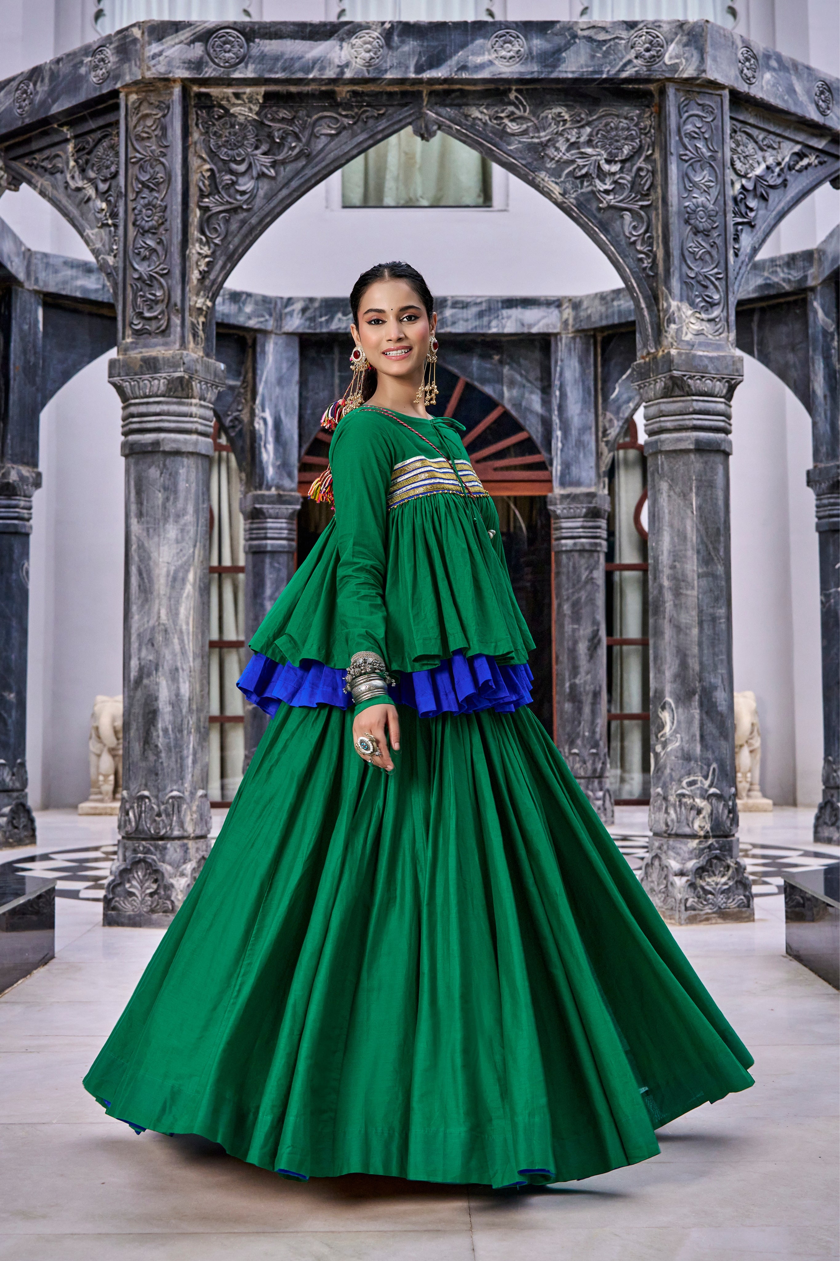 Green & Royal Blue Ruffle Tiered Pure Cotton Designer Navratri Garba Chaniya Choli