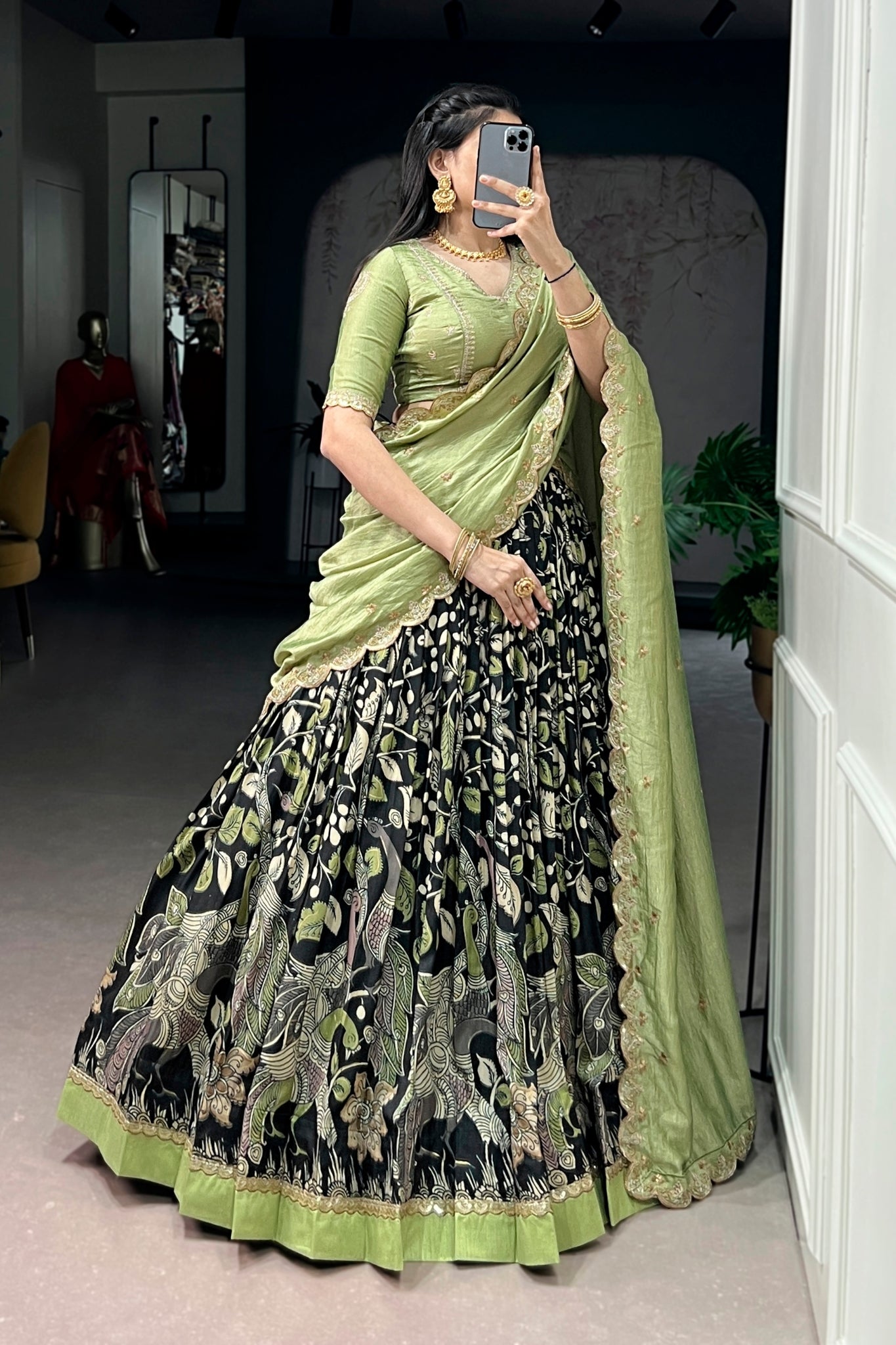Premium Kalamkari Tasar Silk Lehenga Choli With Embroidered Dupatta