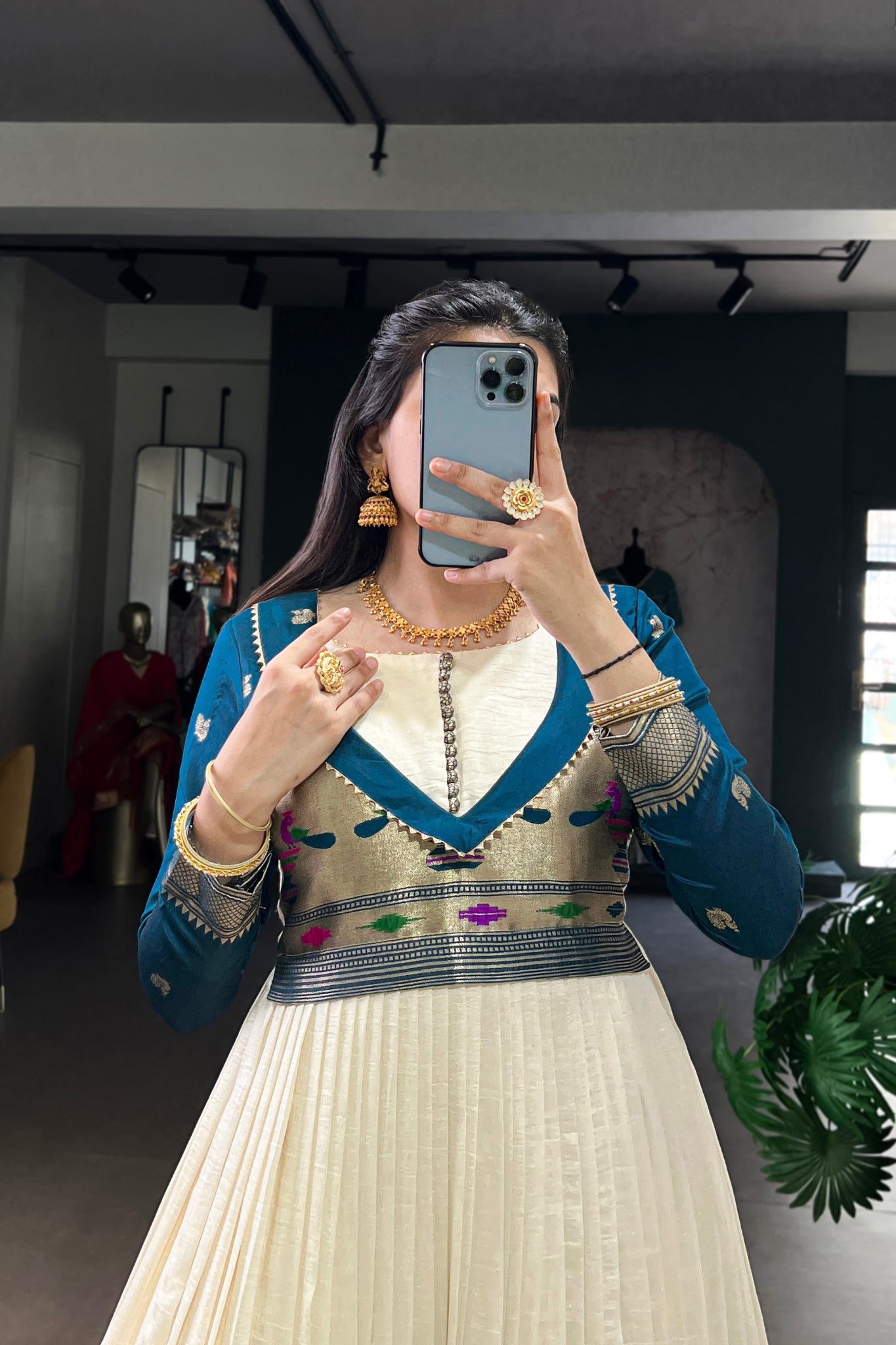 Off White Vichitra Silk Zari Woven Flared Dress With Lace Detailing