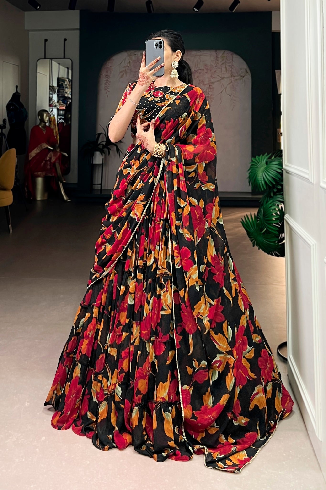 Floral Marble Print Lehenga Choli Set For Women