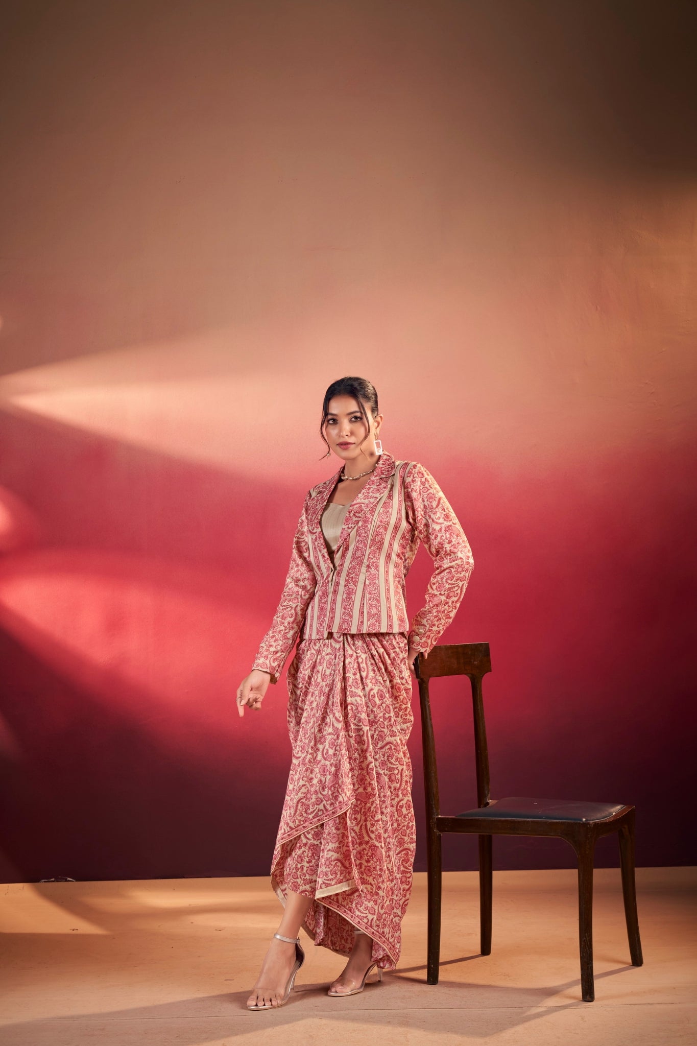 Premium Printed Tasar Silk Co-Ord Set With Draped Skirt & Tailored Jacket