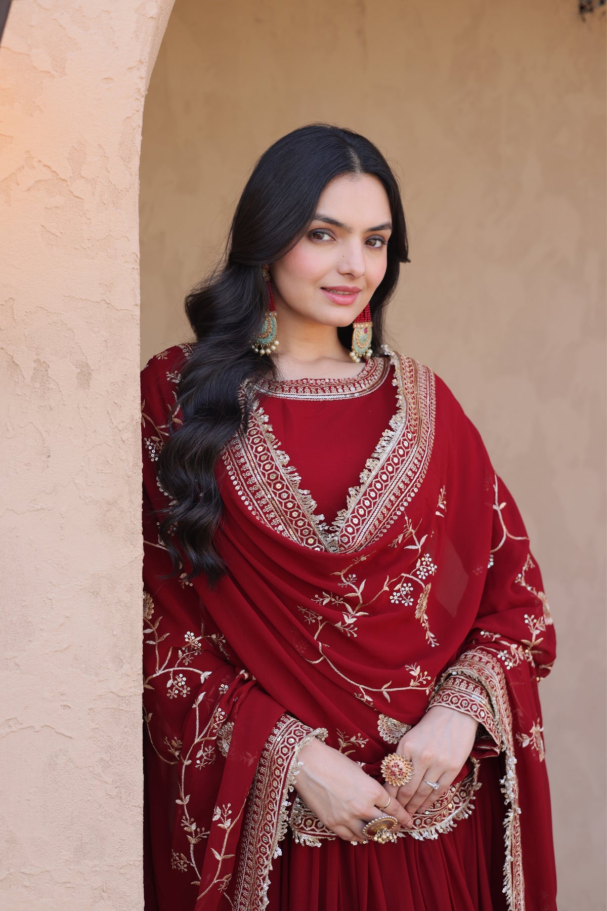 Maroon Designer Anarkali Gown with Dupatta Set