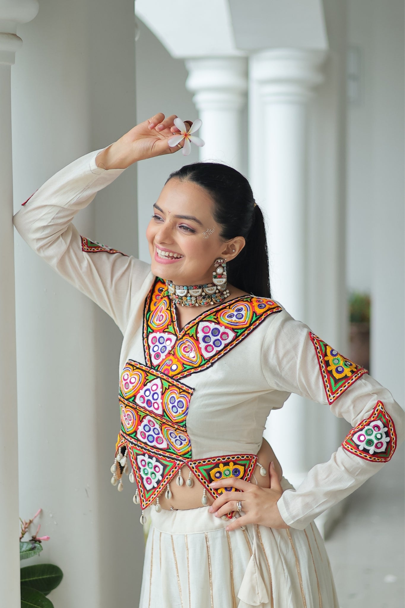 Off White Cotton Kutchi Gamthi Work With Gota Patti Lace Touch up Navratri Designer Lehenga choli