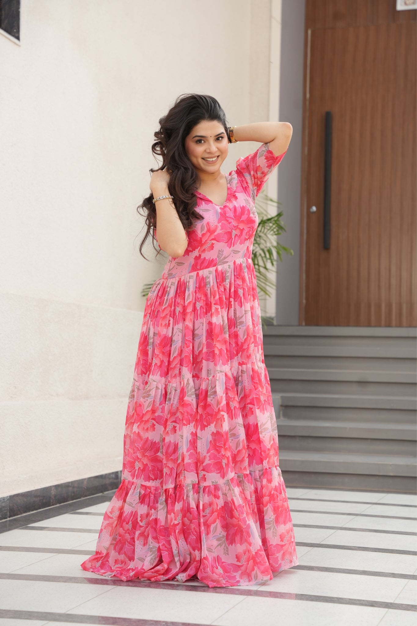 Floral Printed Georgette Women Tiered Gown