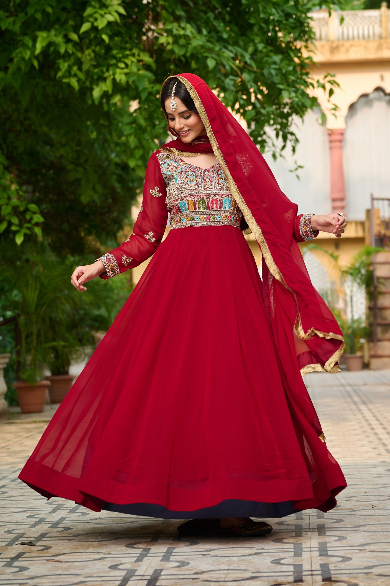 Ethnic Stylish Crafted Multi Thread Embroidered Work Gown With Dupatta Set