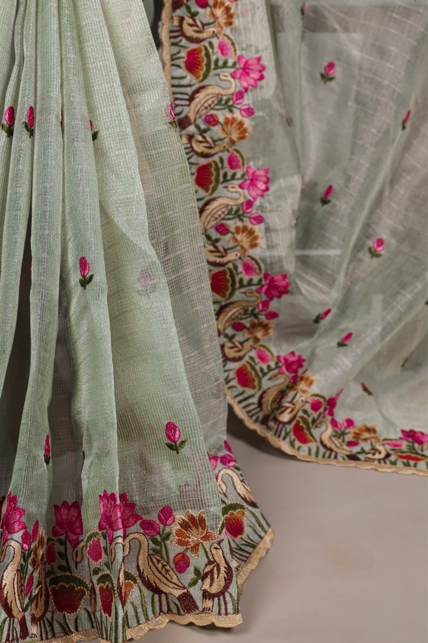 Luxury Zari Kota Tissue Designer Saree With Thread Embroidery Work