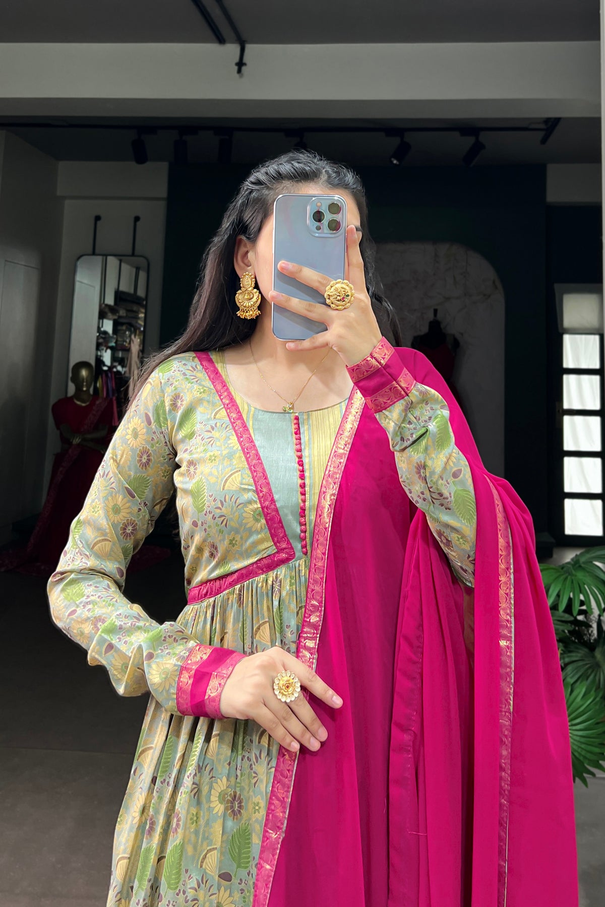 Tasar Silk Floral Print Anarkali Dress with Foil Work & Georgette Lace Border Dupatta