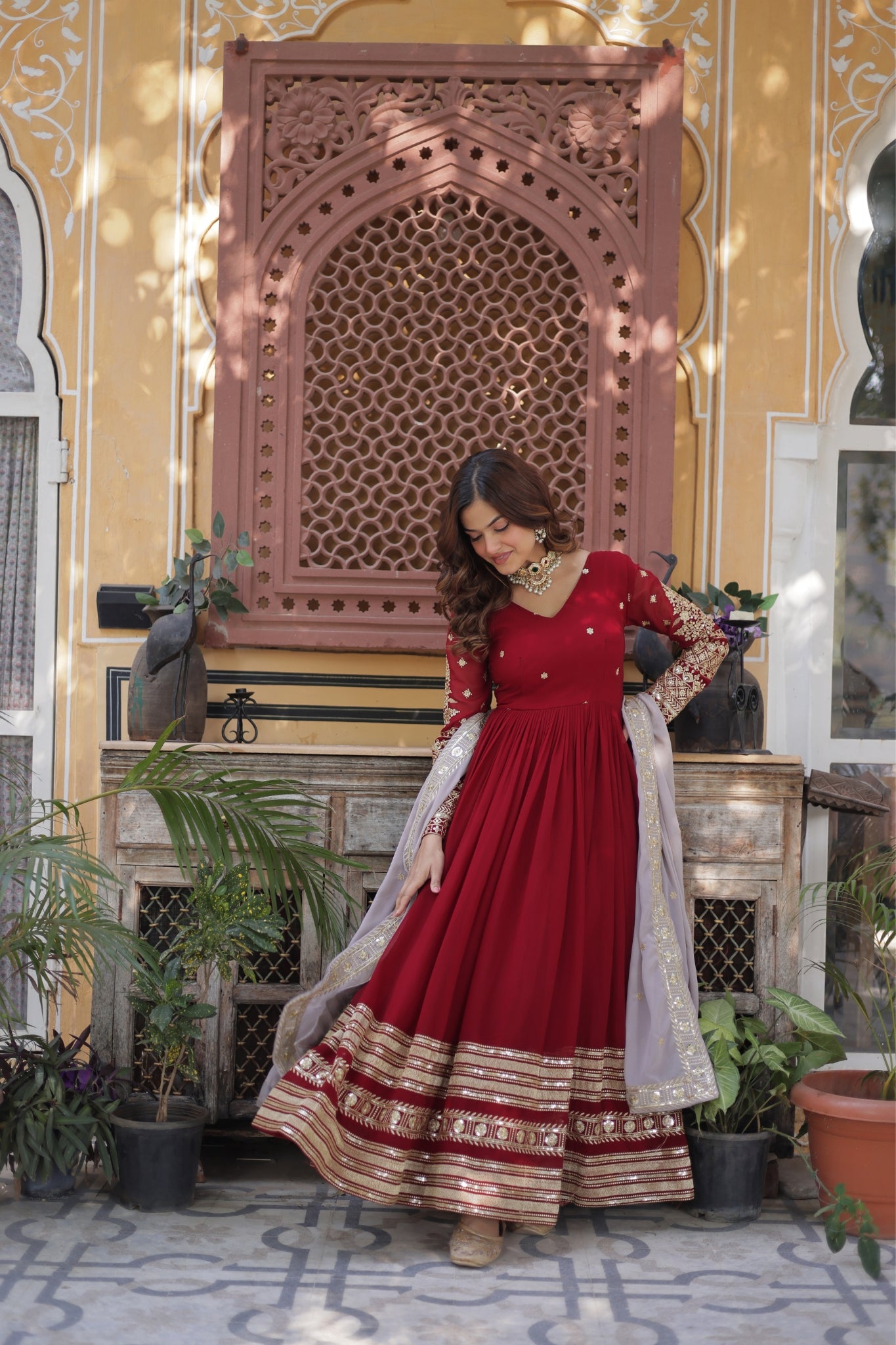 Traditional Maroon Embroidery Sequins Work Anarkali Suit Set