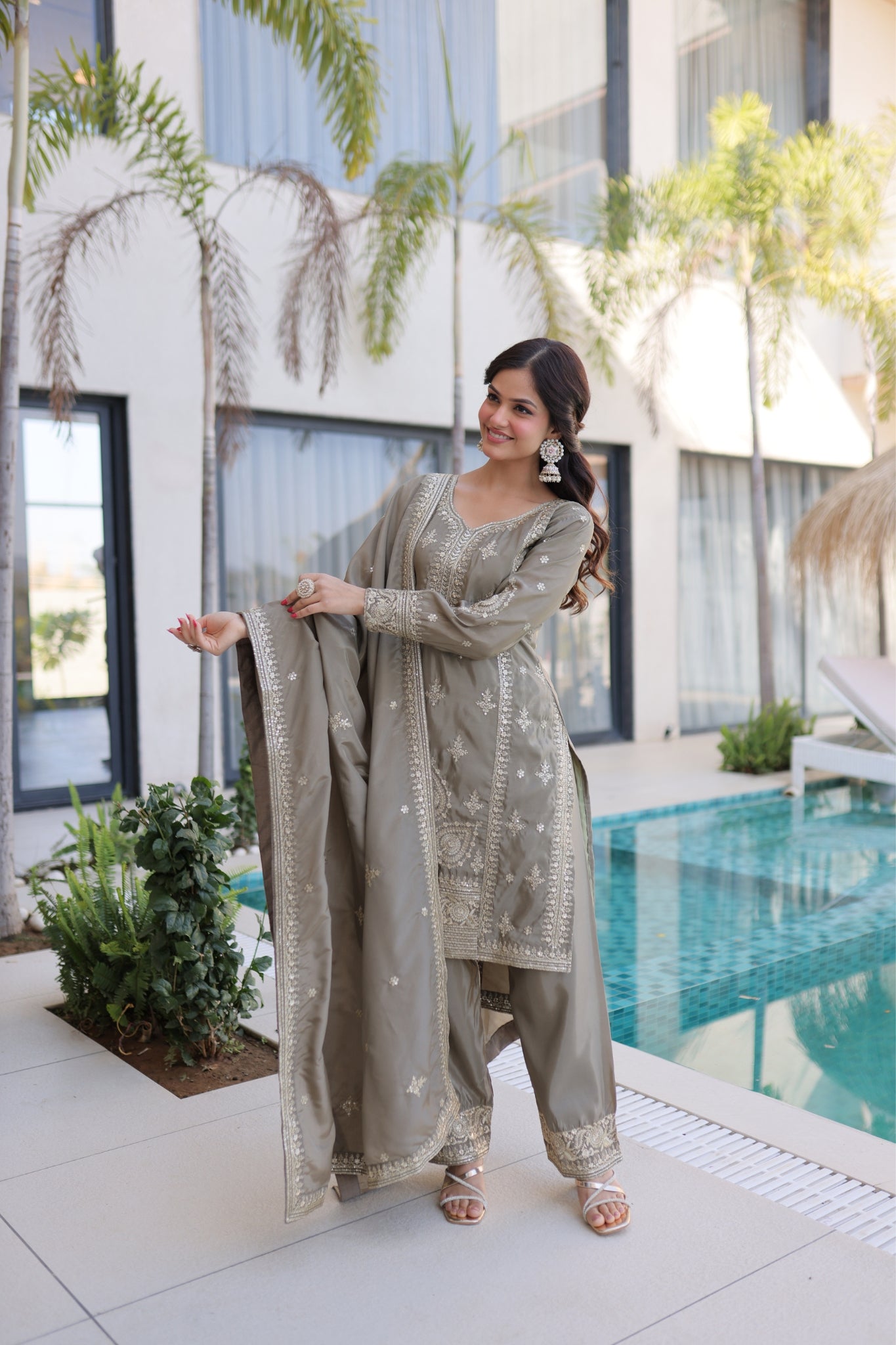 Luxury Ho Silk Designer Multi With Thread Embroidery Suit Set