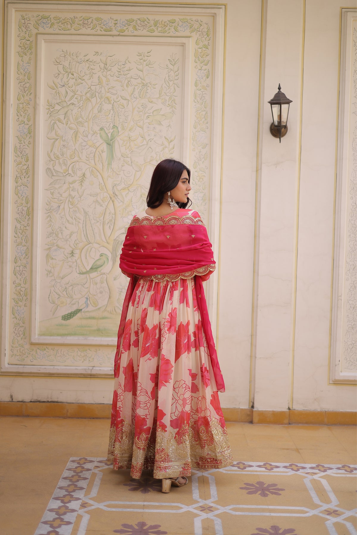 Designer Pink Floral Anarkali Gown with Dupatta Set