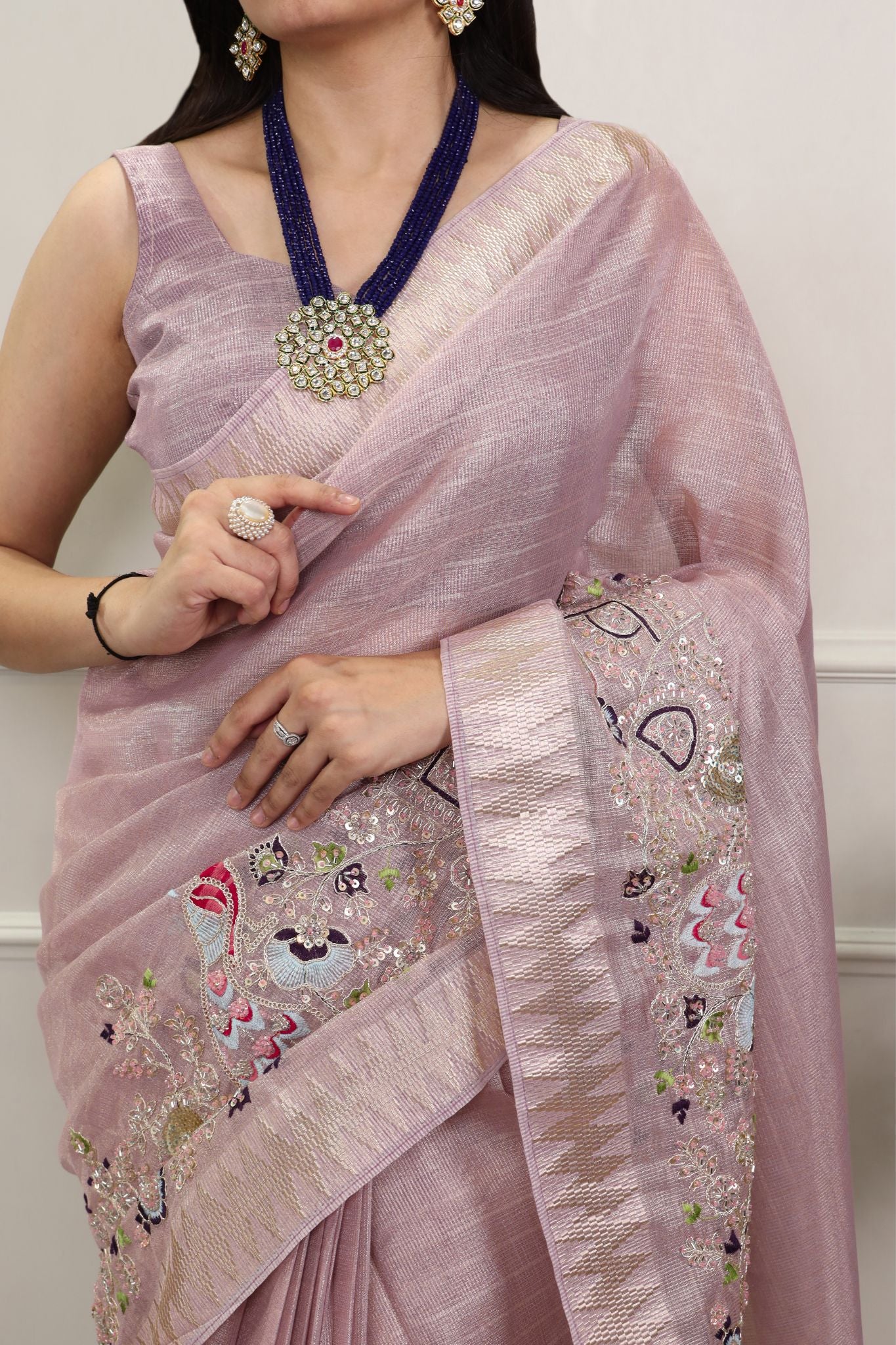 Premium Zari Kota Tissue Saree | Embroidery Beads Work Zari Weaving Border