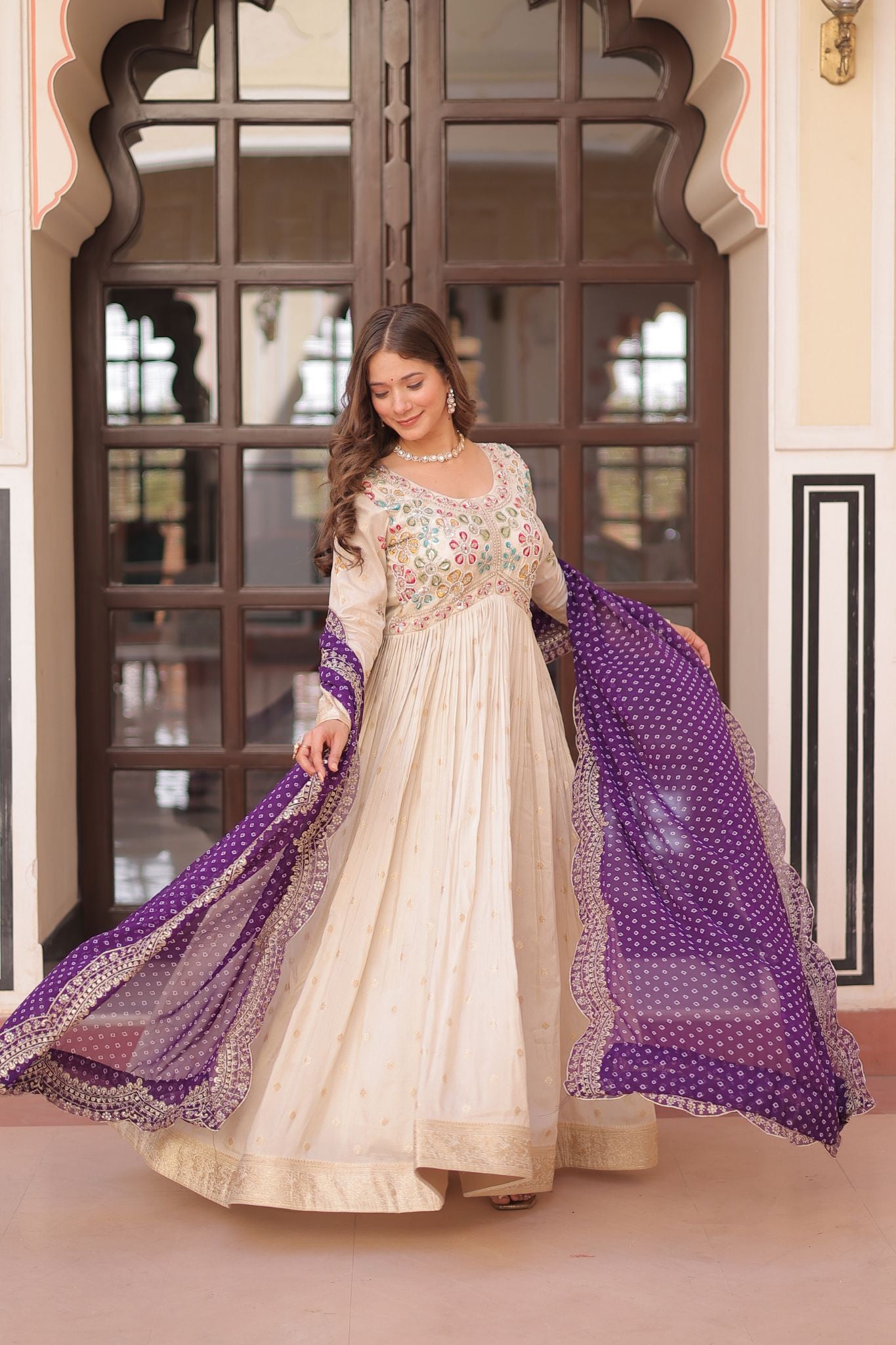 Cosmos Weaving Jacquard Crafted Pearl beads Embroidered Work Gown With Dupatta