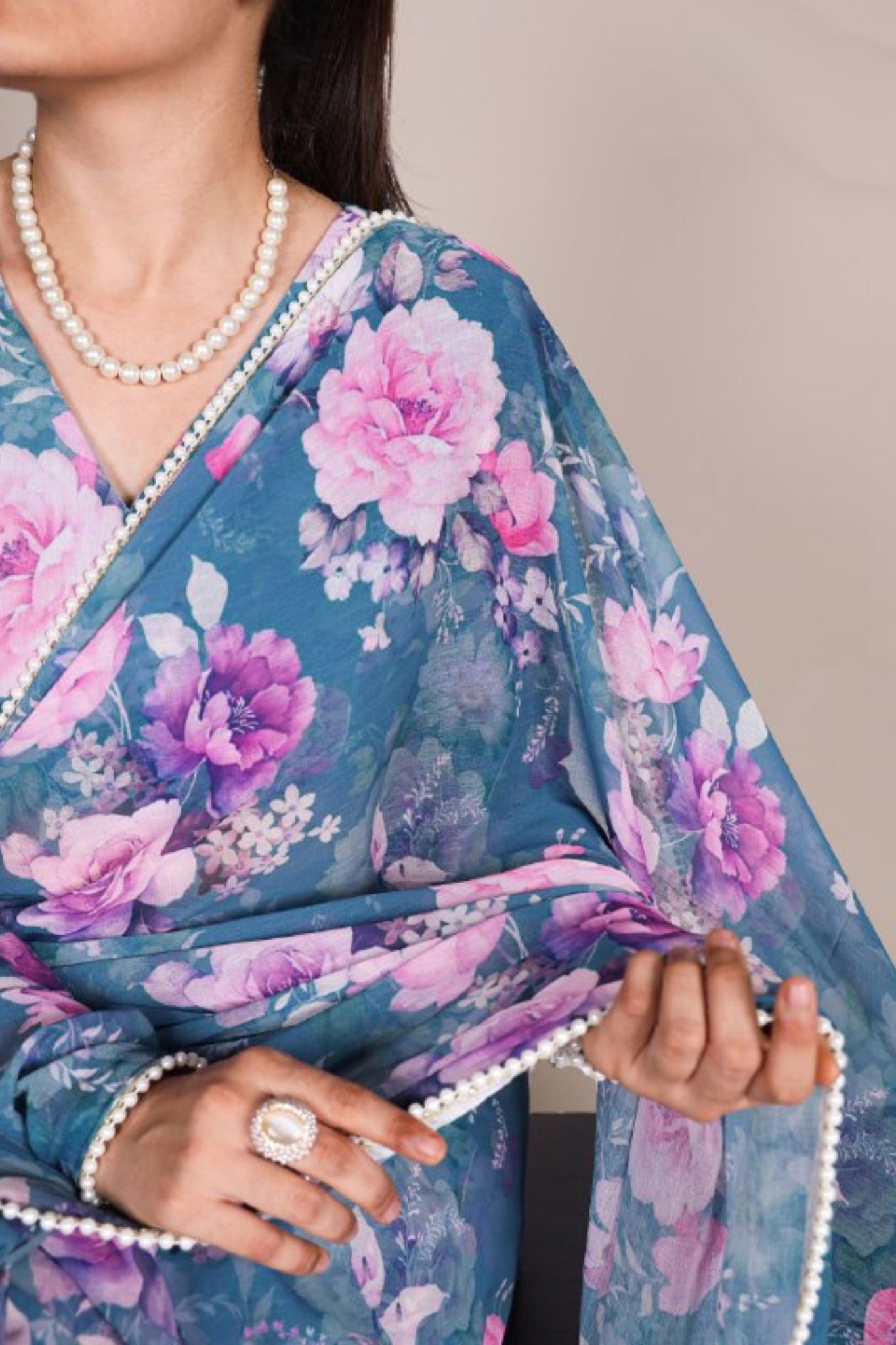 Elegant Pearl Lace Detailing Floral Printed Saree