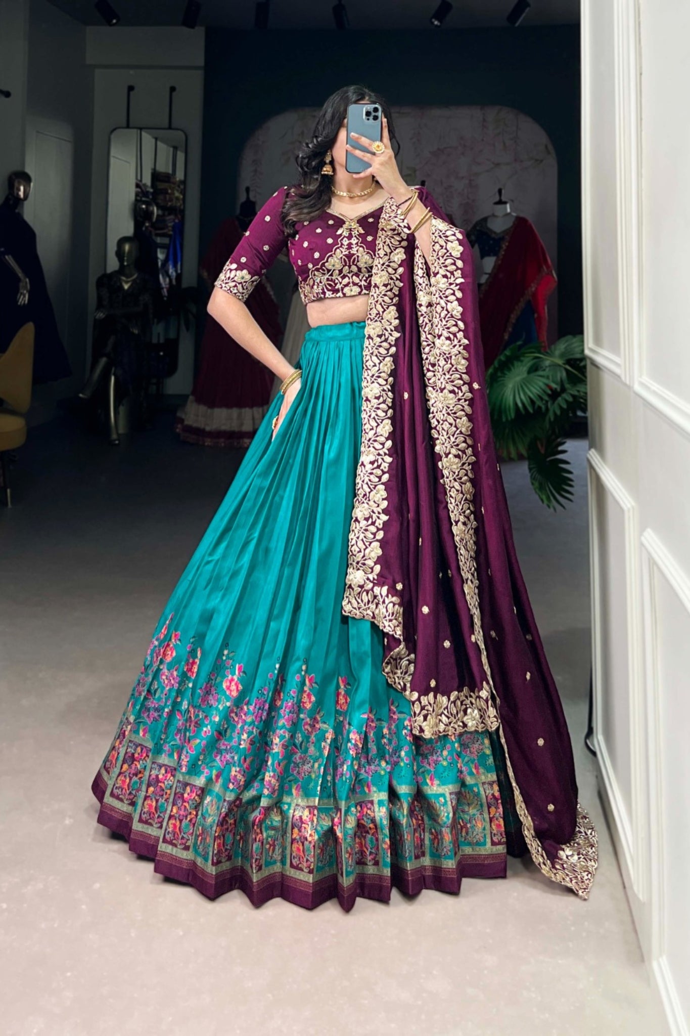 Designer Tussar Silk Printed Lehenga Set With Embroidered Blouse And Dupatta