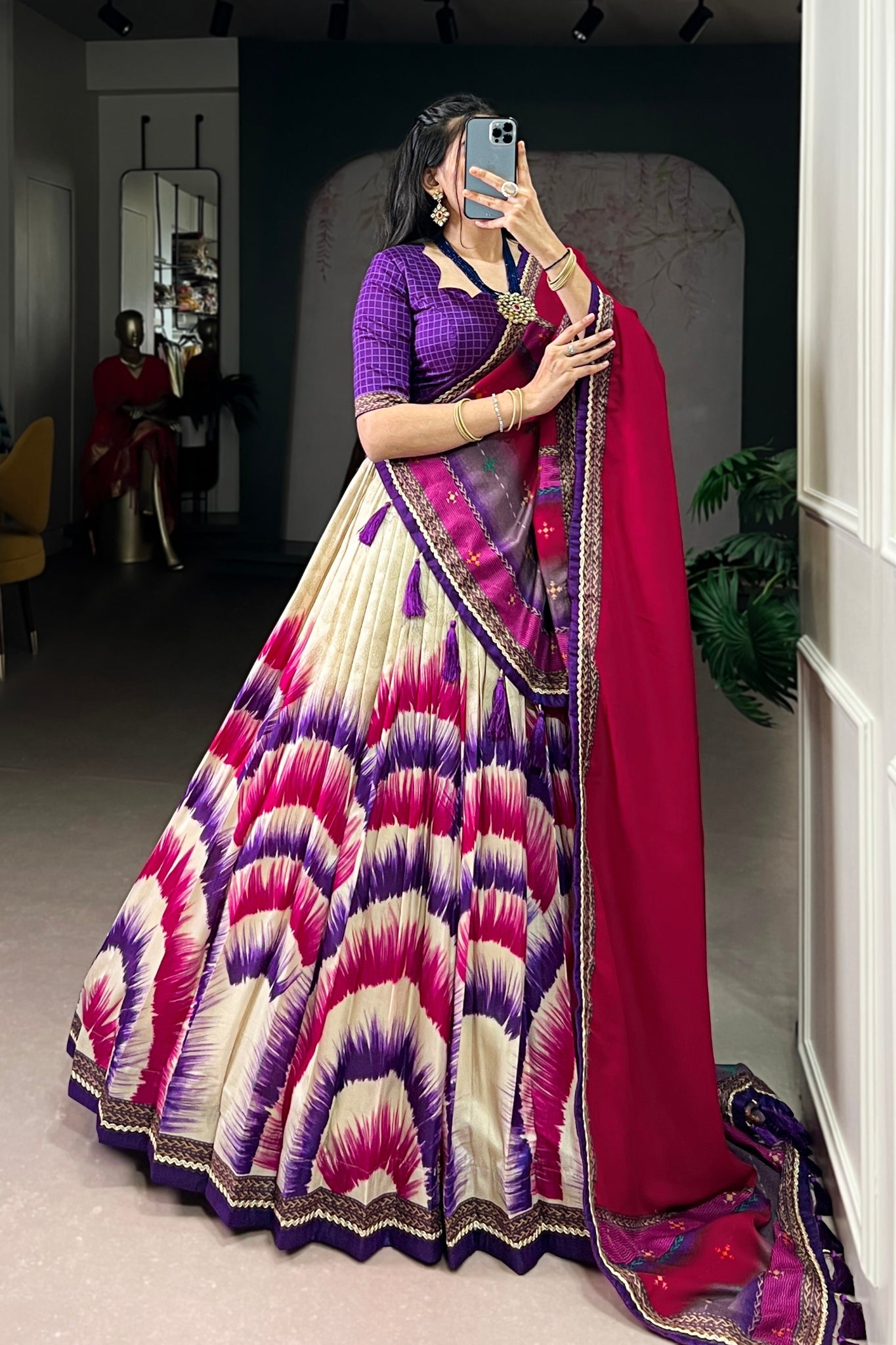 Tasar Silk Tie Dye Lehenga Set With Printed Dupatta And Chex Blouse