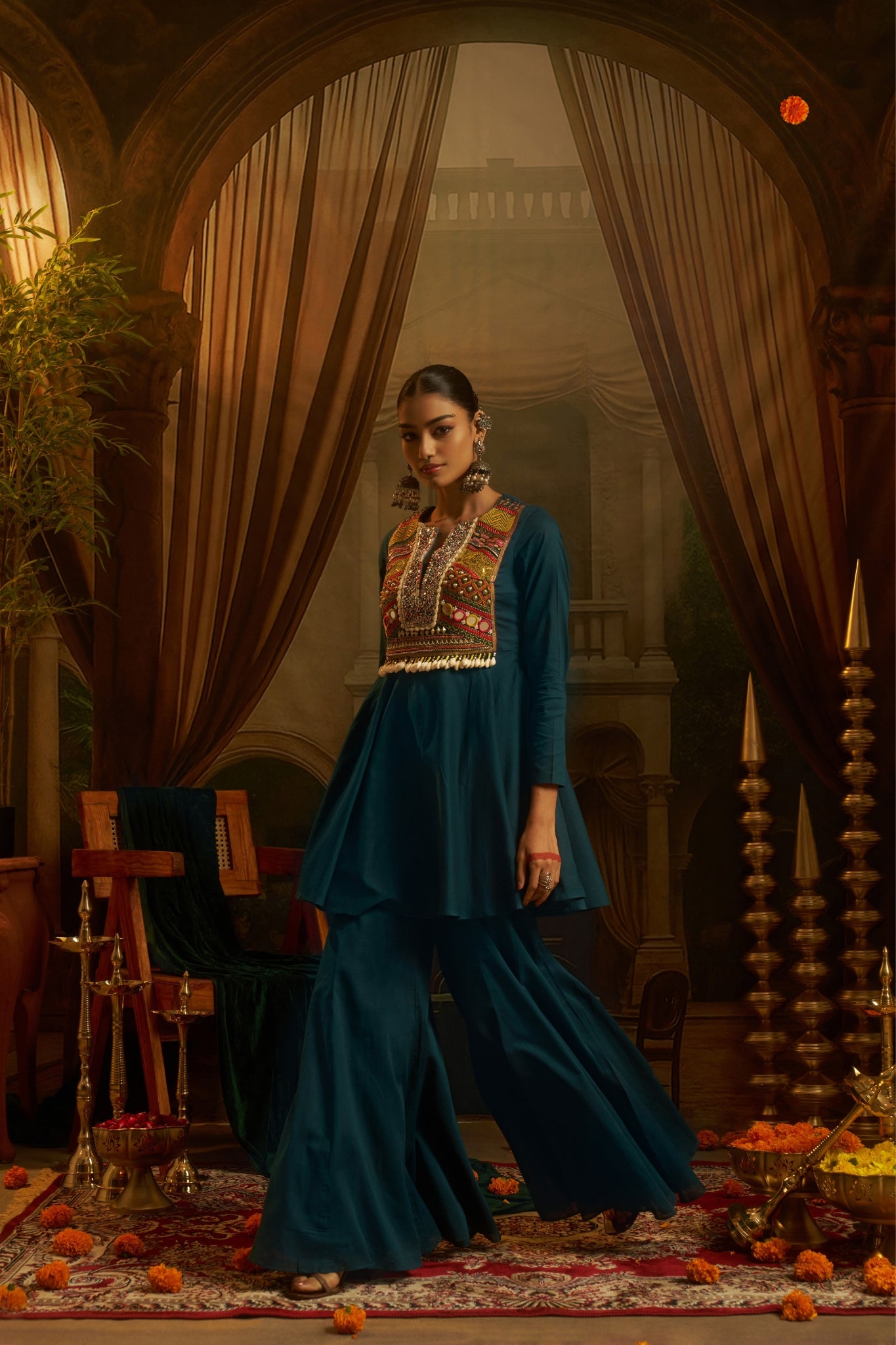 Teal Blue Hand Embroidered Peplum Sharara Set For Women