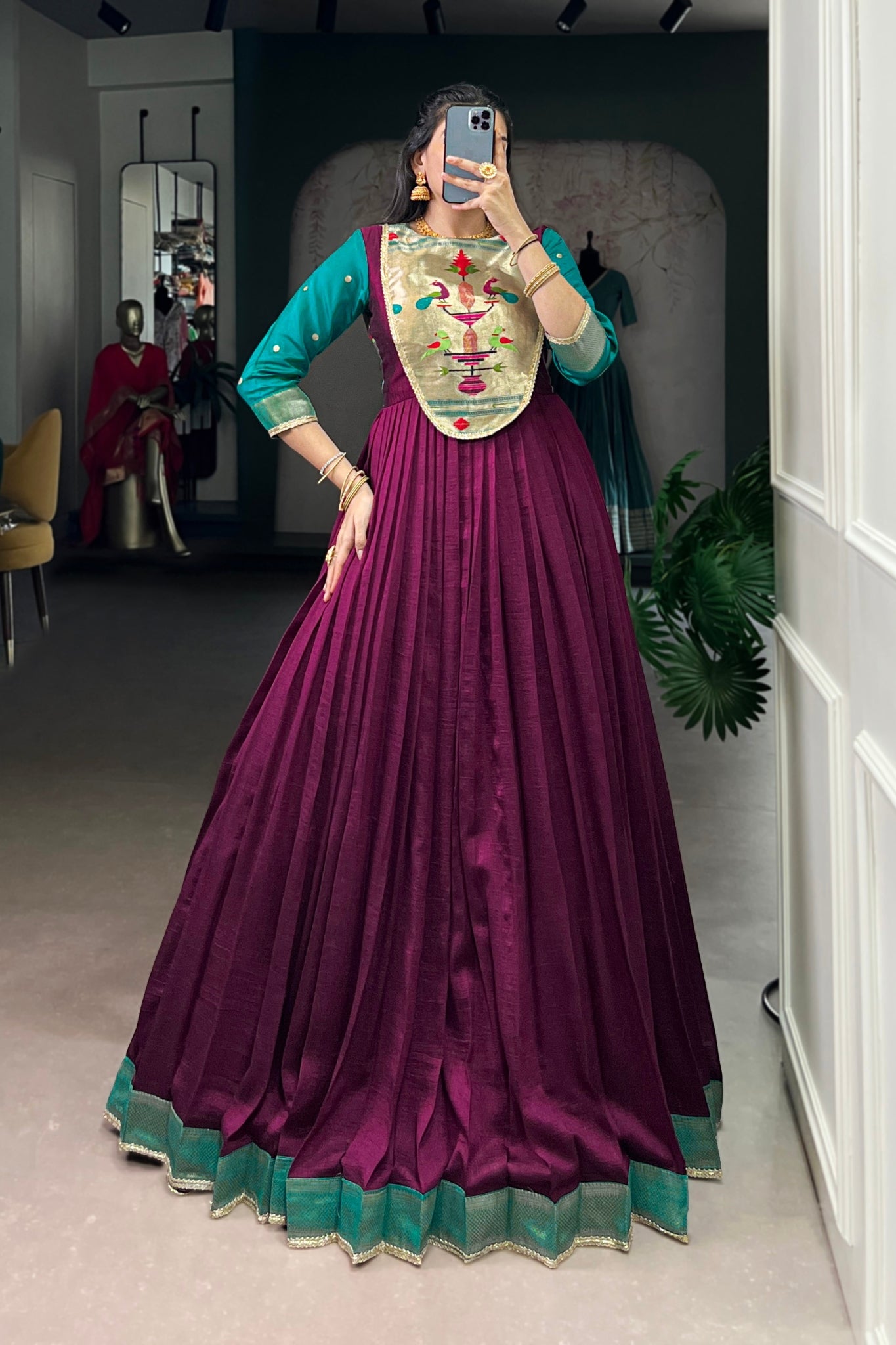 Wine Vichitra Silk Zari Woven Flared Dress With Lace Detailing Wine Vichitra Silk Zari Woven Flared Dress With Lace Detailing