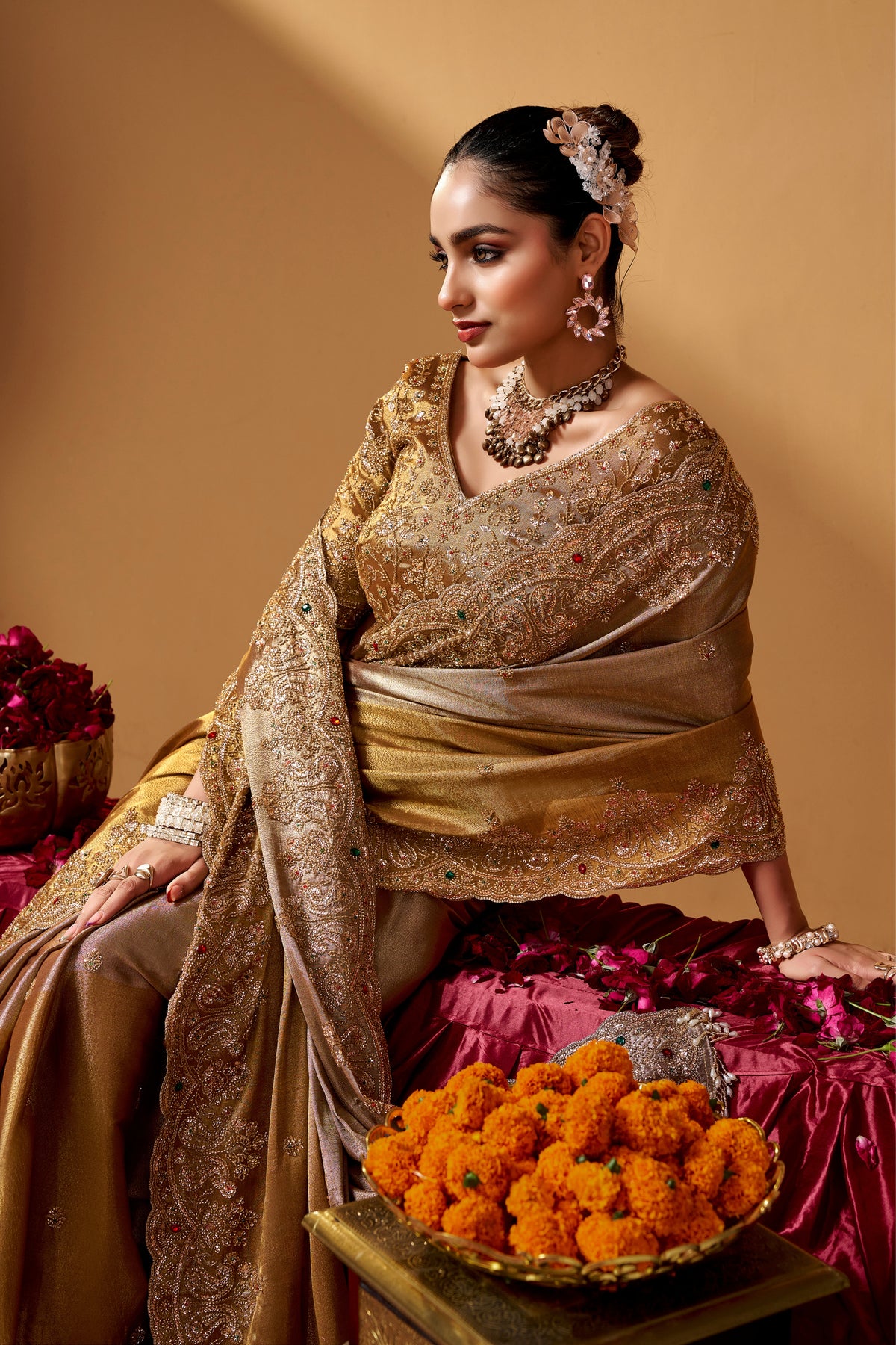 Kanjivaram Zari Tissue Designer Hand Embroider And Tube Beads Wedding Saree