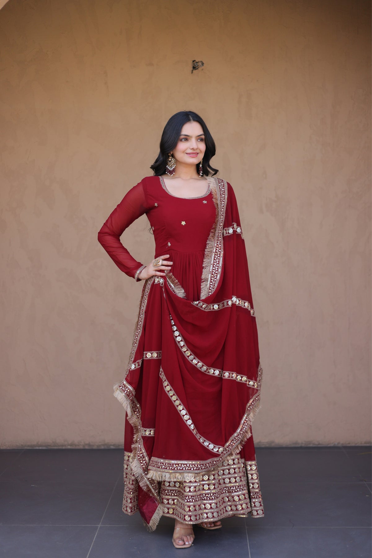 Designer Faux Blooming Anarkali Gown With Dupatta Set