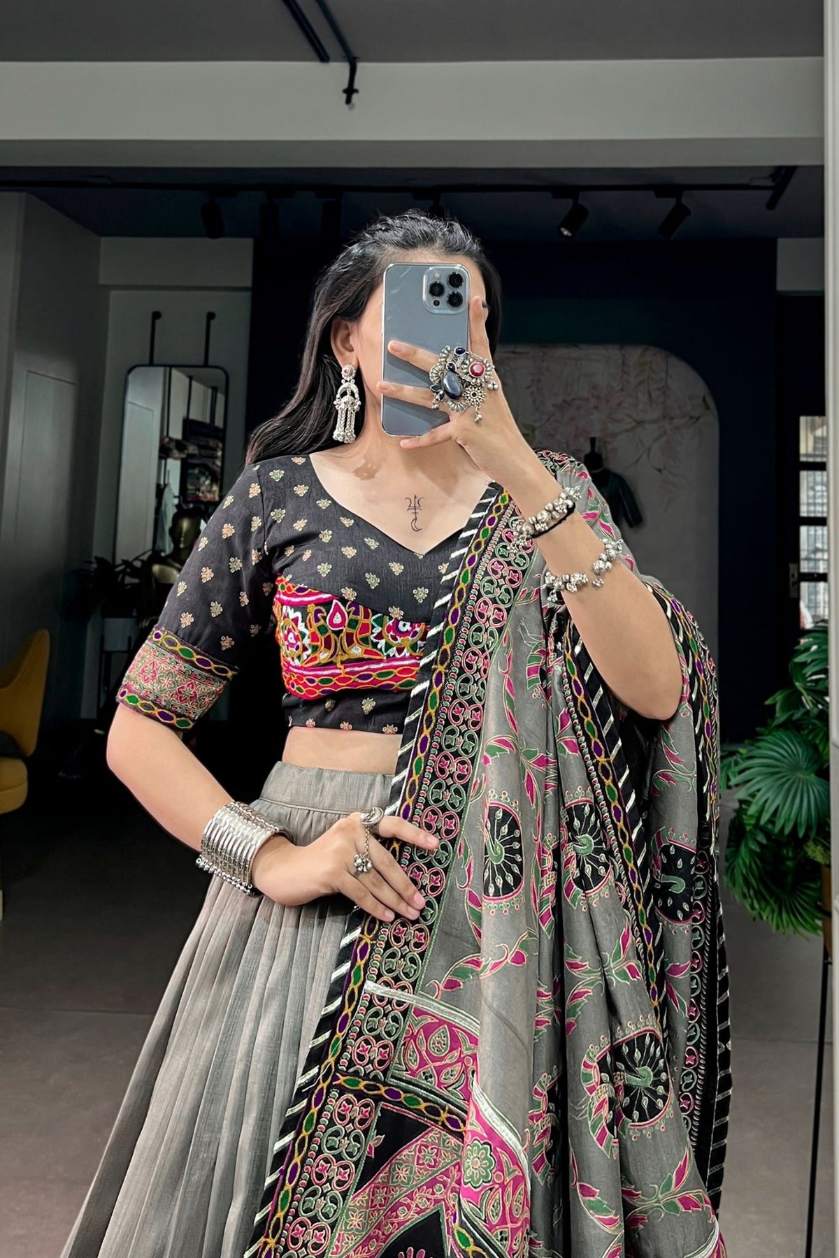 Tasar Silk Gamthi Work Designer Navratri Lehenga Choli