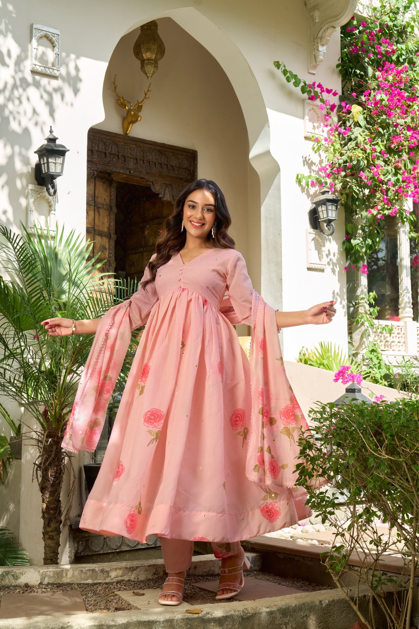 Pure Chanderi Floral Anarkali Suit Set With Palazzo Dupatta For Women