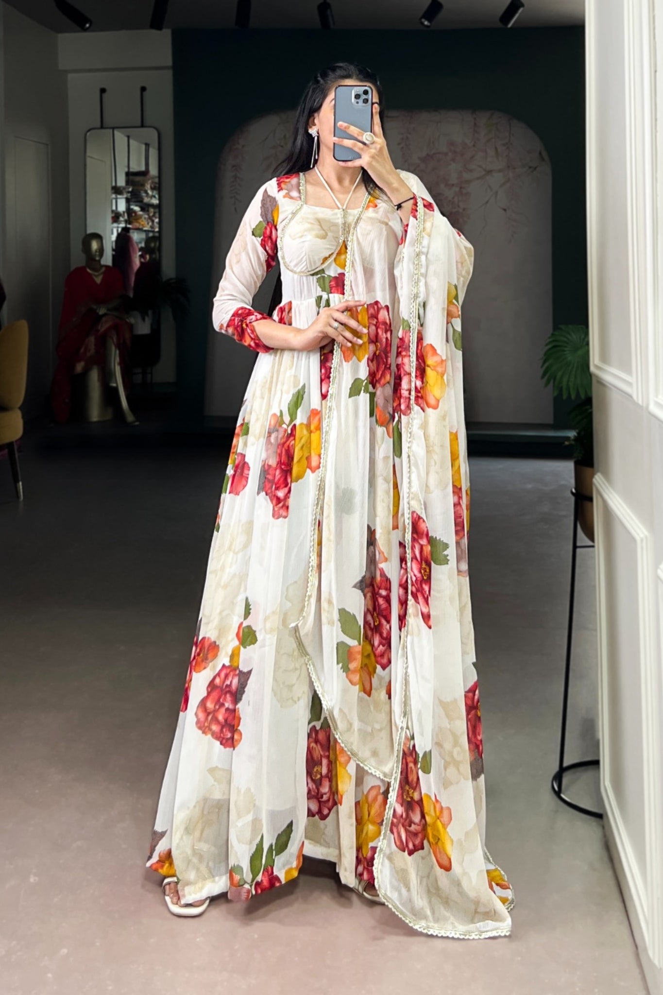 Premium Chiffon Floral Print Gown With Lace Detailing And Matching Dupatta