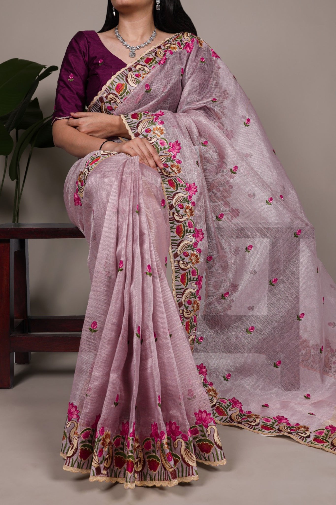Luxury Zari Kota Tissue Designer Saree With Thread Embroidery Work