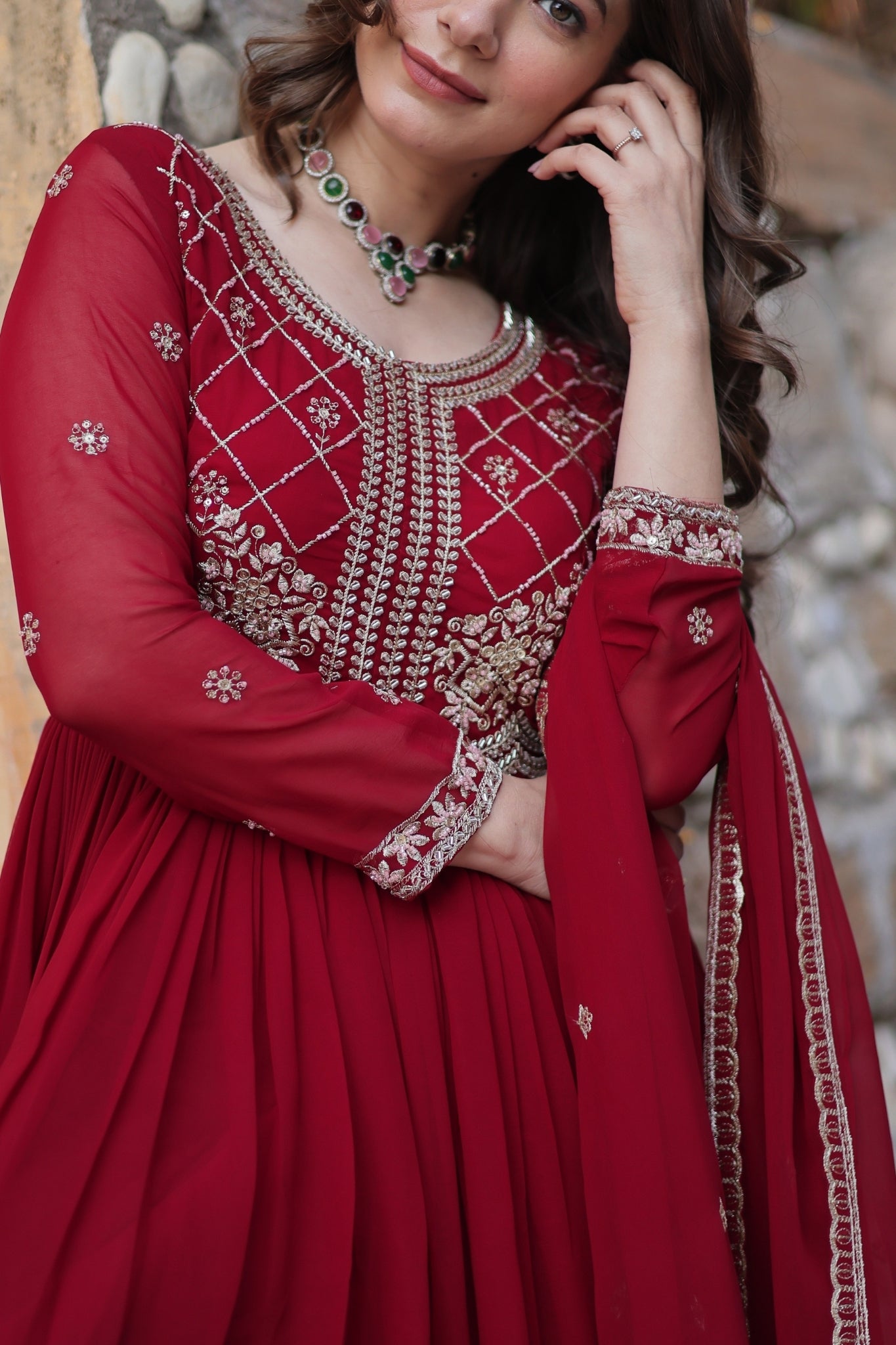 Designer Beads Embroidered Work Beautiful Wedding Gown With Dupatta Set