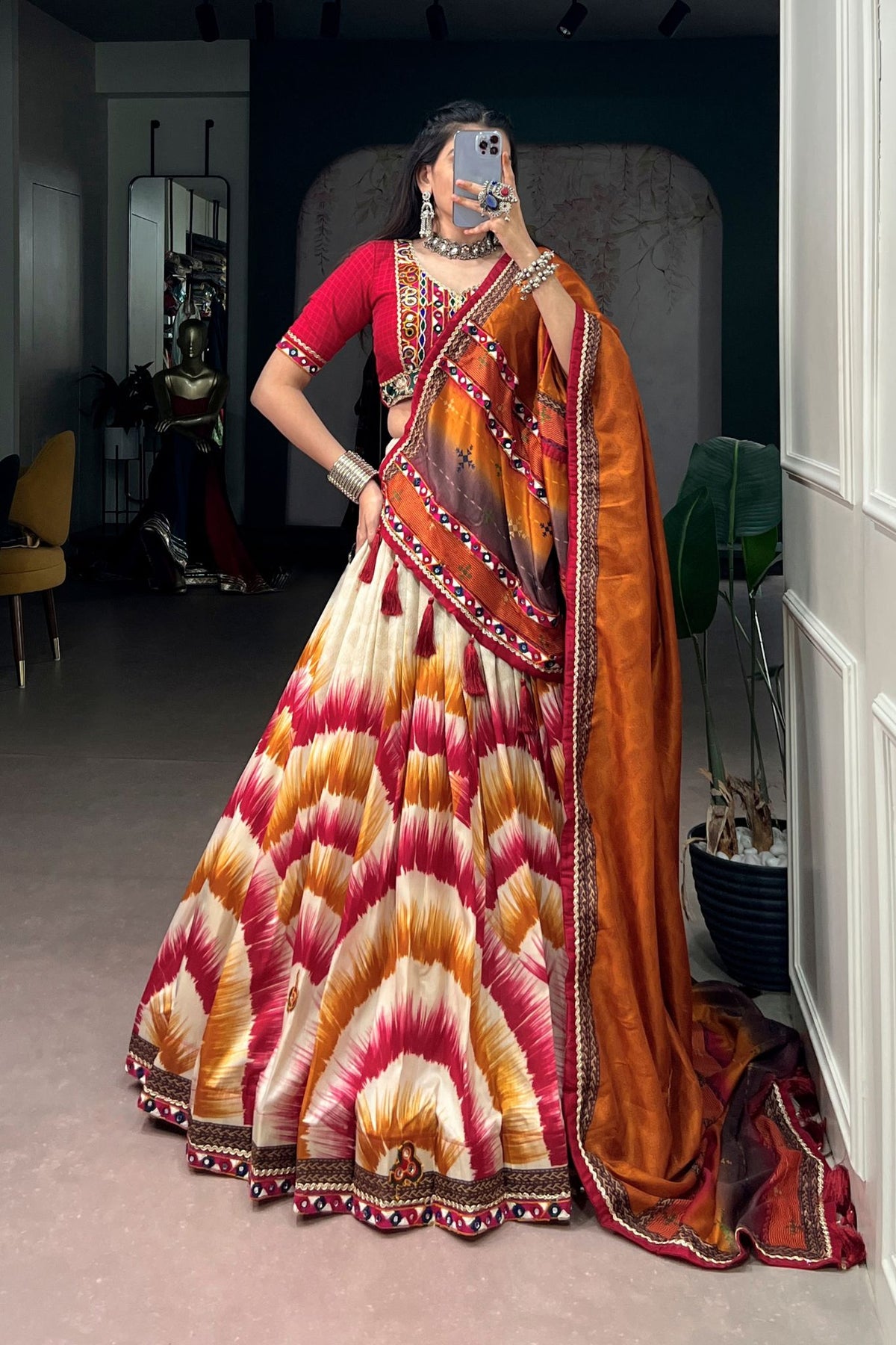 Tasar Silk Tie & Dye With Gamthi Work Navratri Lehenga Choli