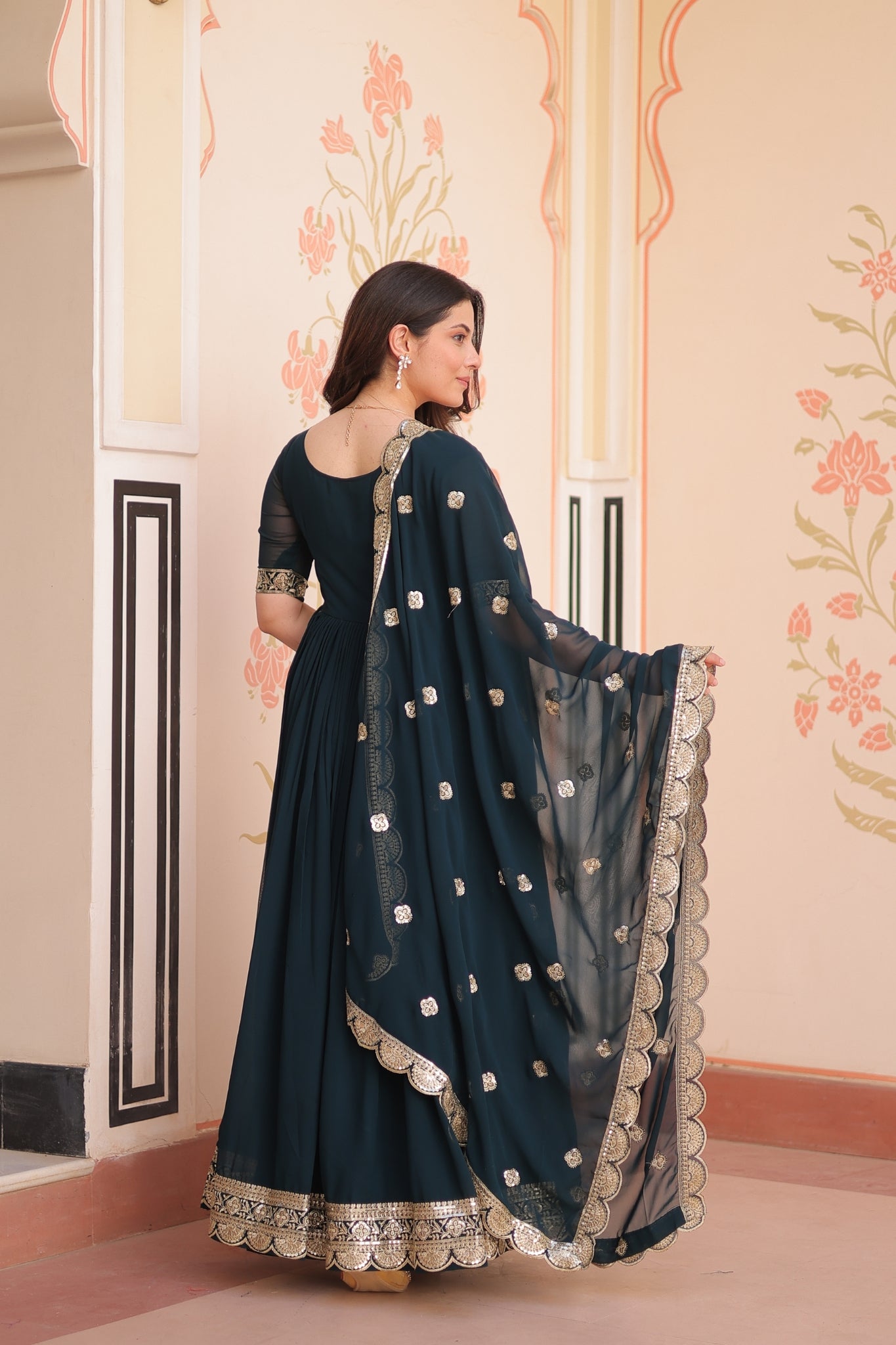 Embroidery Zari Sequins Work Designer Gown With Dupatta Set