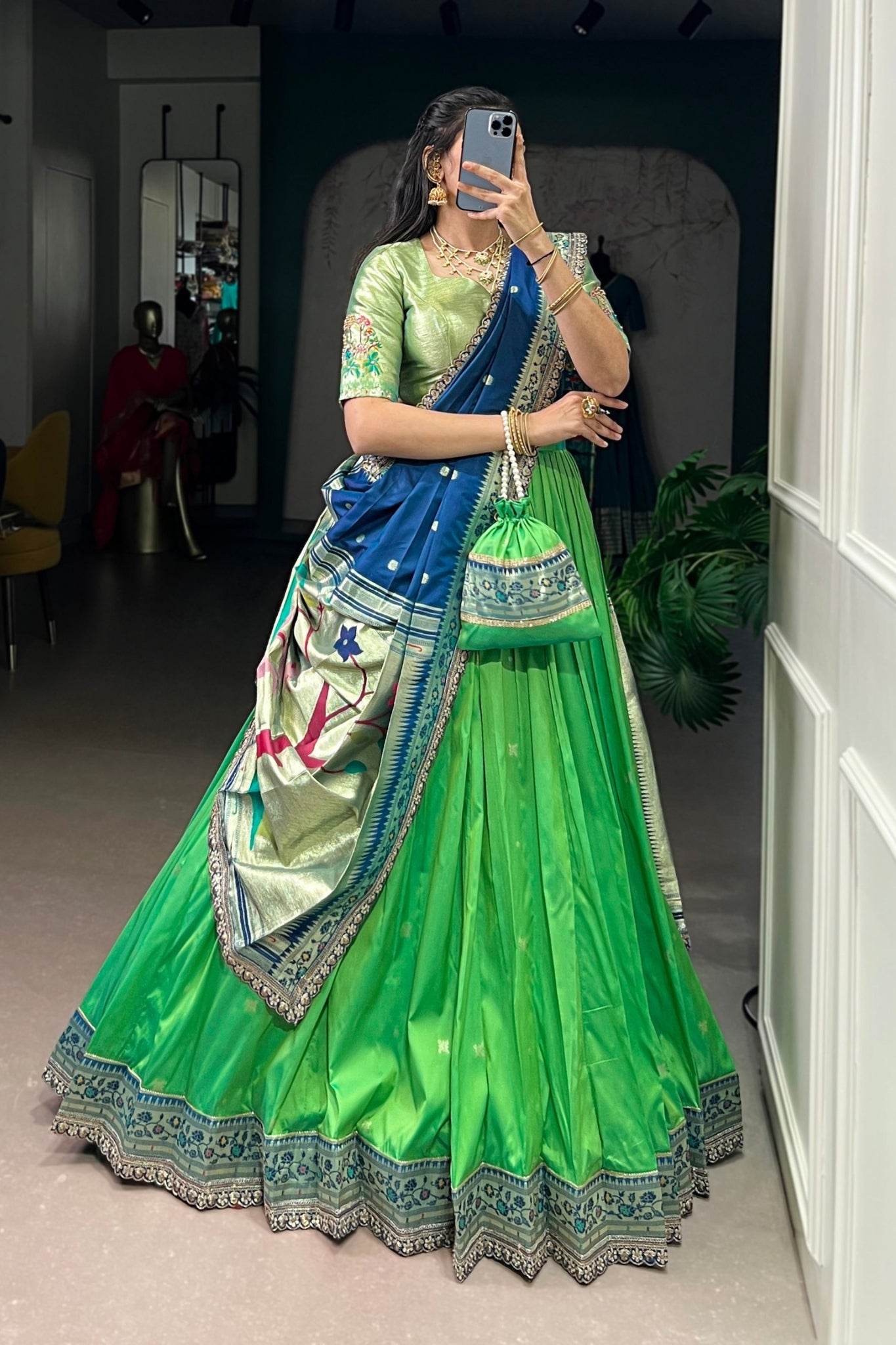 Designer Premium Paithani Soft Silk Zari Weaving Sequins With Thread Embroidery Lehenga Set