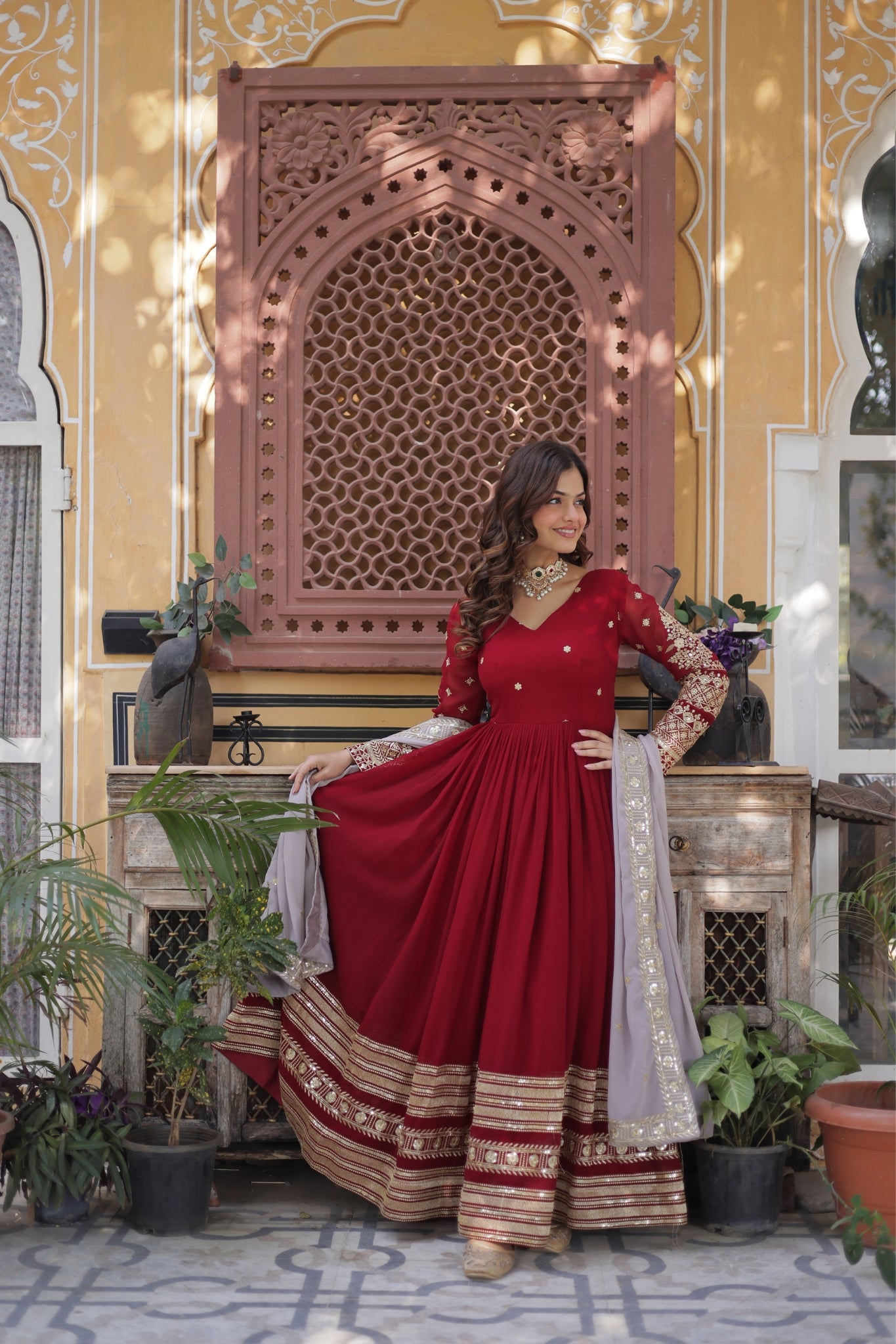 Traditional Maroon Embroidery Sequins Work Anarkali Suit Set