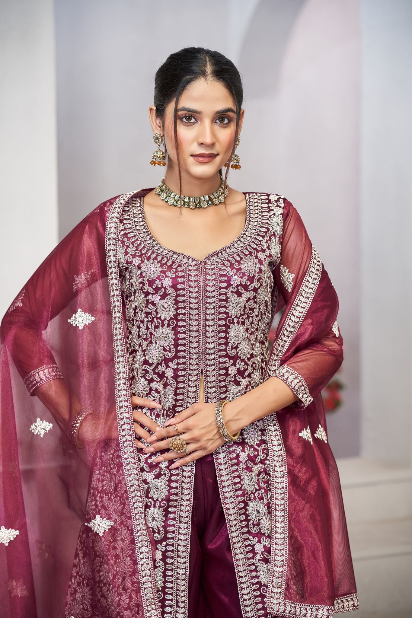 Purple Sequins Embroidered With Real Mirror Work Sharara Set Of 3