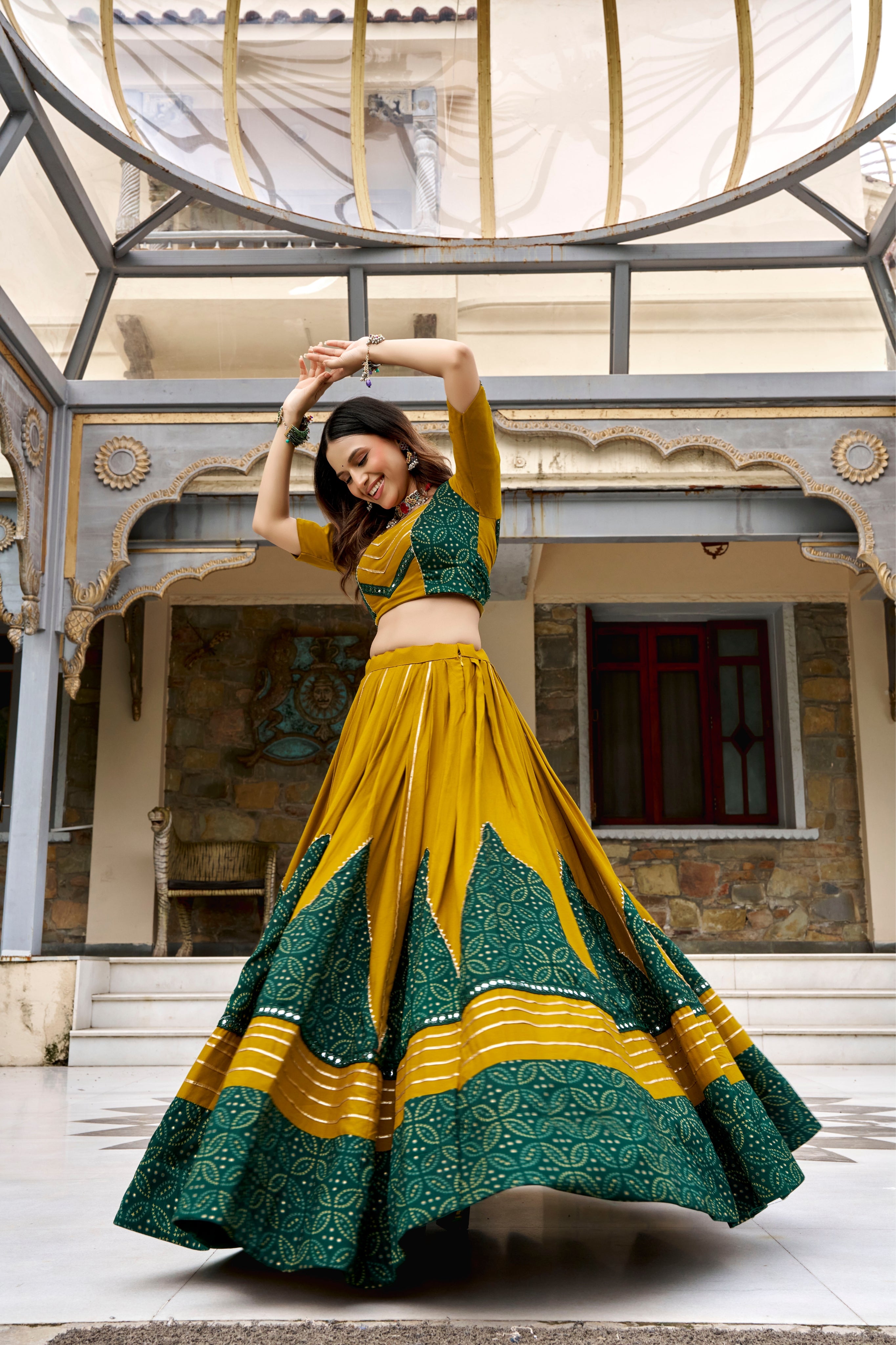 Raasrang Mustard Yellow & Bottle Green Pure Rayon Gotta Patti Mirror Work Lehenga Choli