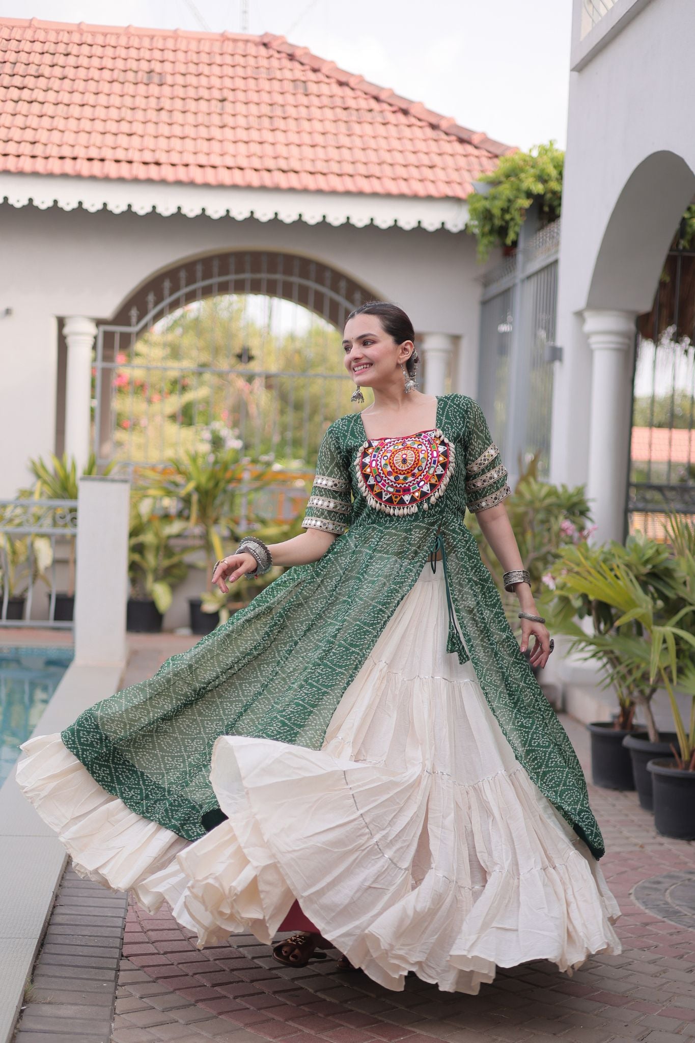 Raasrang Navratri Designer Kora Cotton Lehenga With Kutchi Patchwork Bandhani Print Kurti For Garba & Dandiya