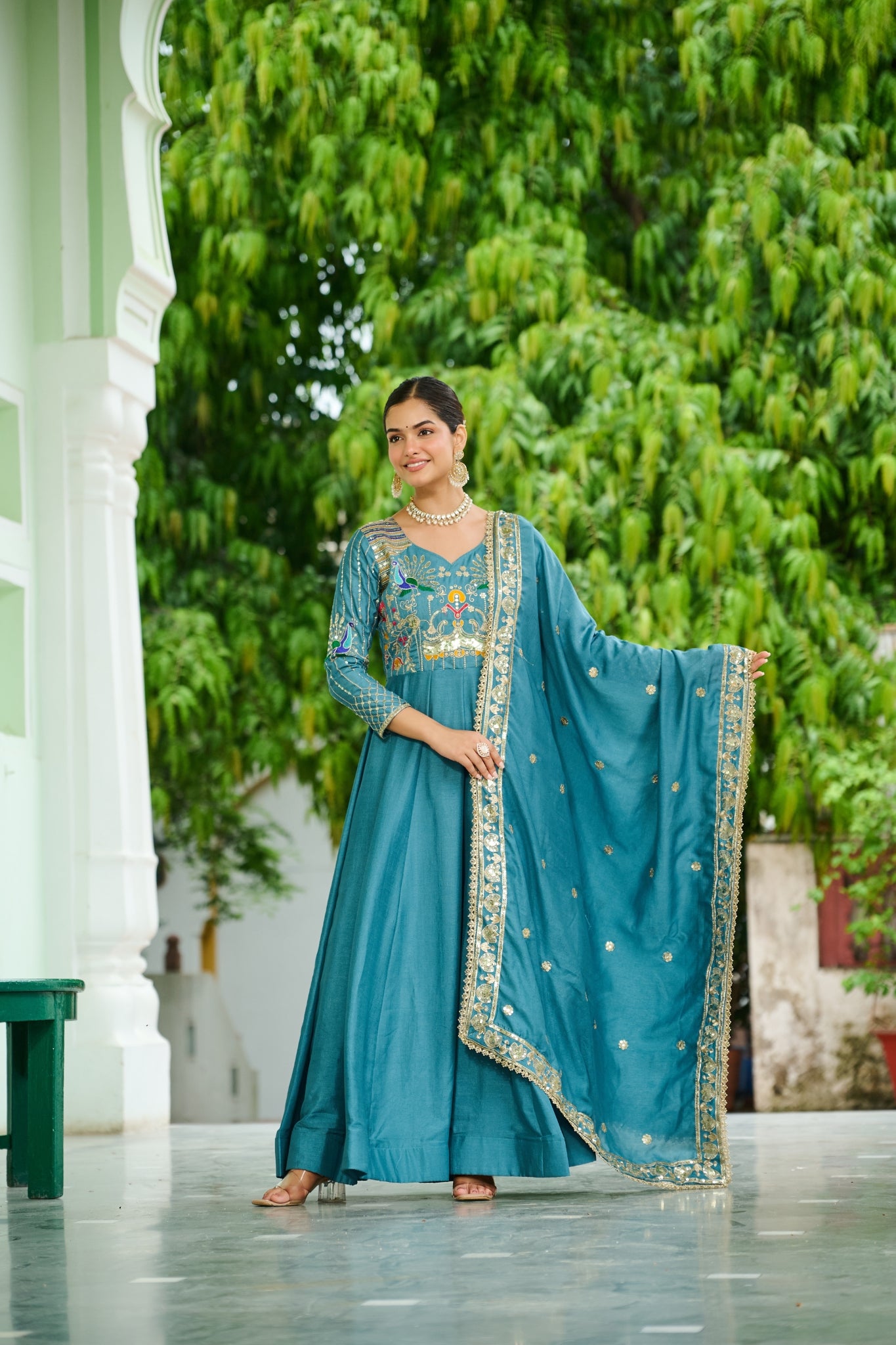 Premium Vichitra Silk Embroidered Gown With Sequins And Zari Work
