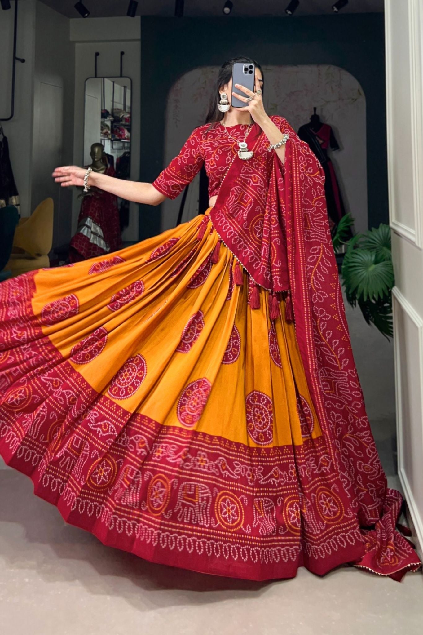 Bandhej Print Silk Lehenga Choli