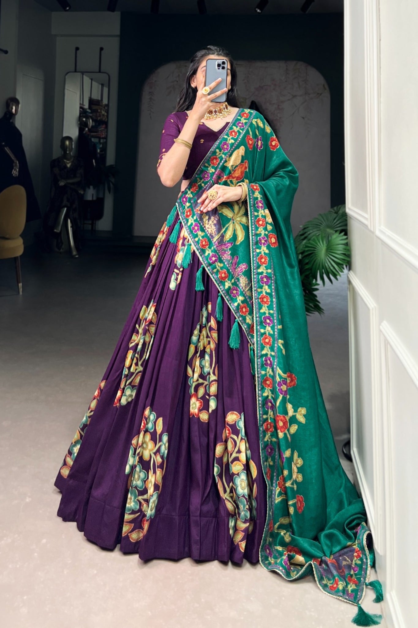 Tussar Silk Lehenga With Foil Work & Gotta Patti Dupatta