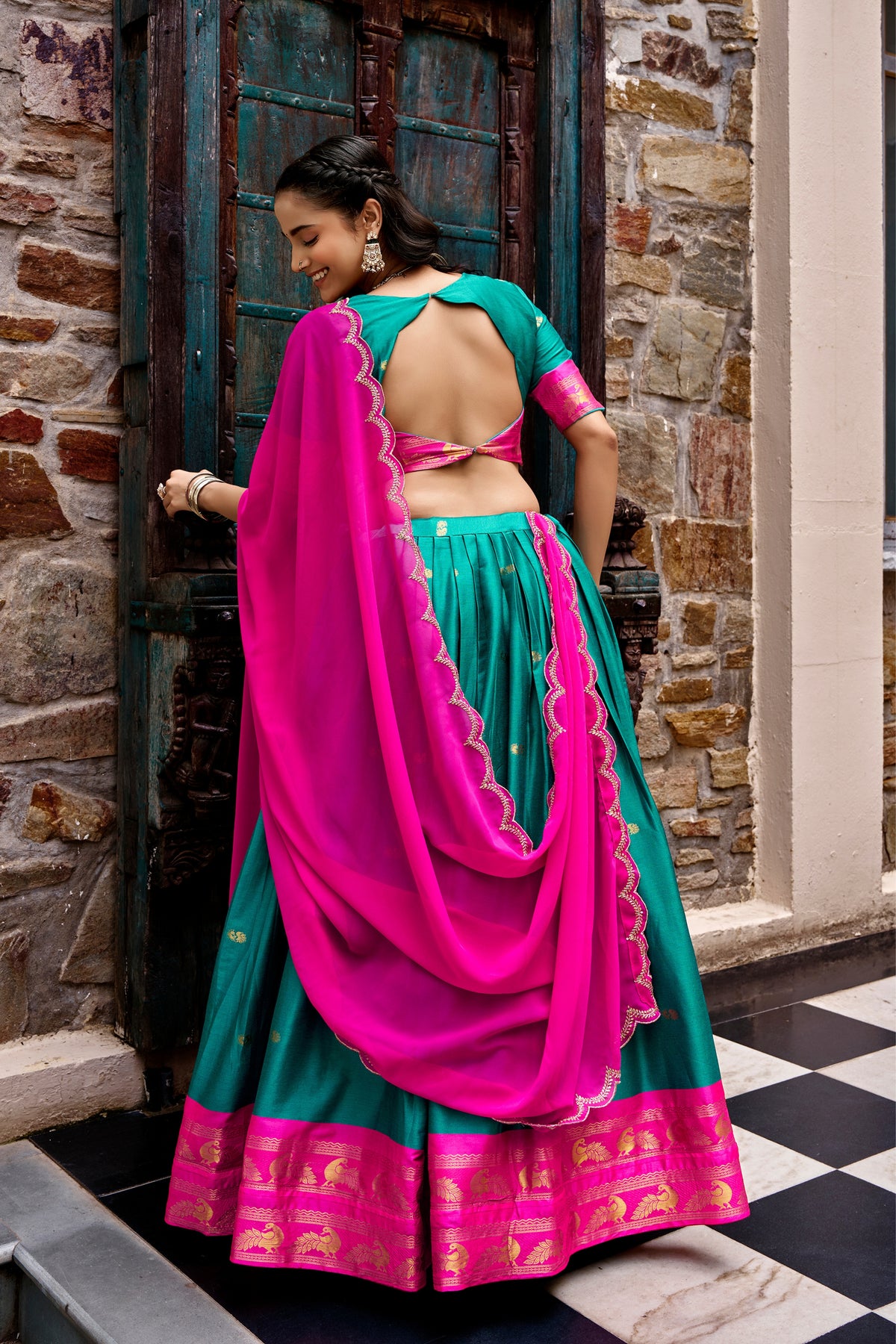 Buy South Indian Cotton Silk Lehenga Choli With Zari Woven Border