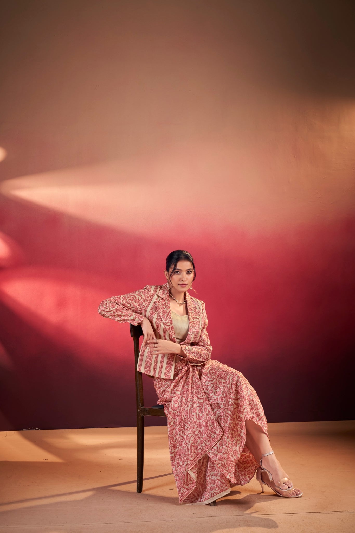 Premium Printed Tasar Silk Co-Ord Set With Draped Skirt & Tailored Jacket