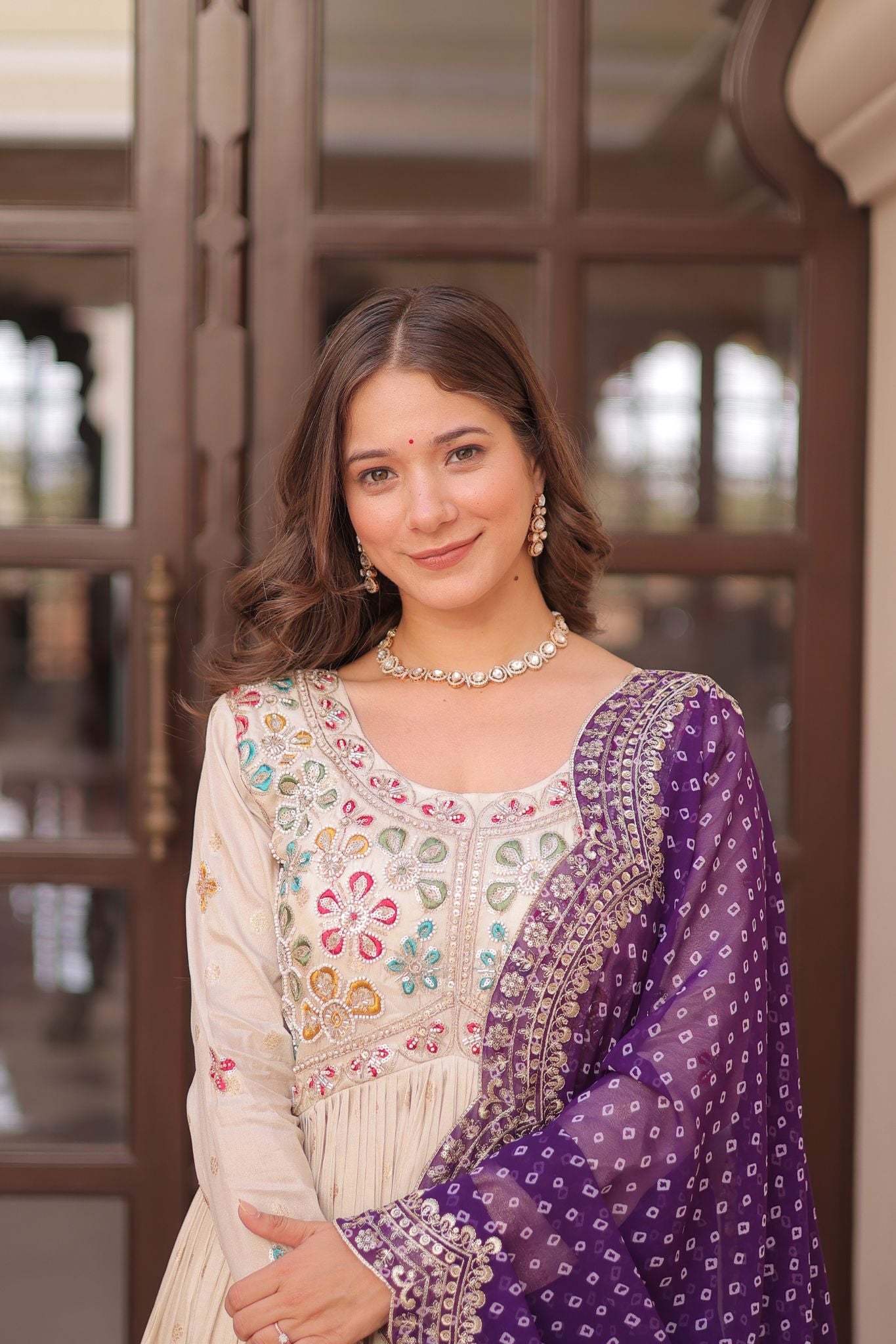 Cosmos Weaving Jacquard Crafted Pearl beads Embroidered Work Gown With Dupatta